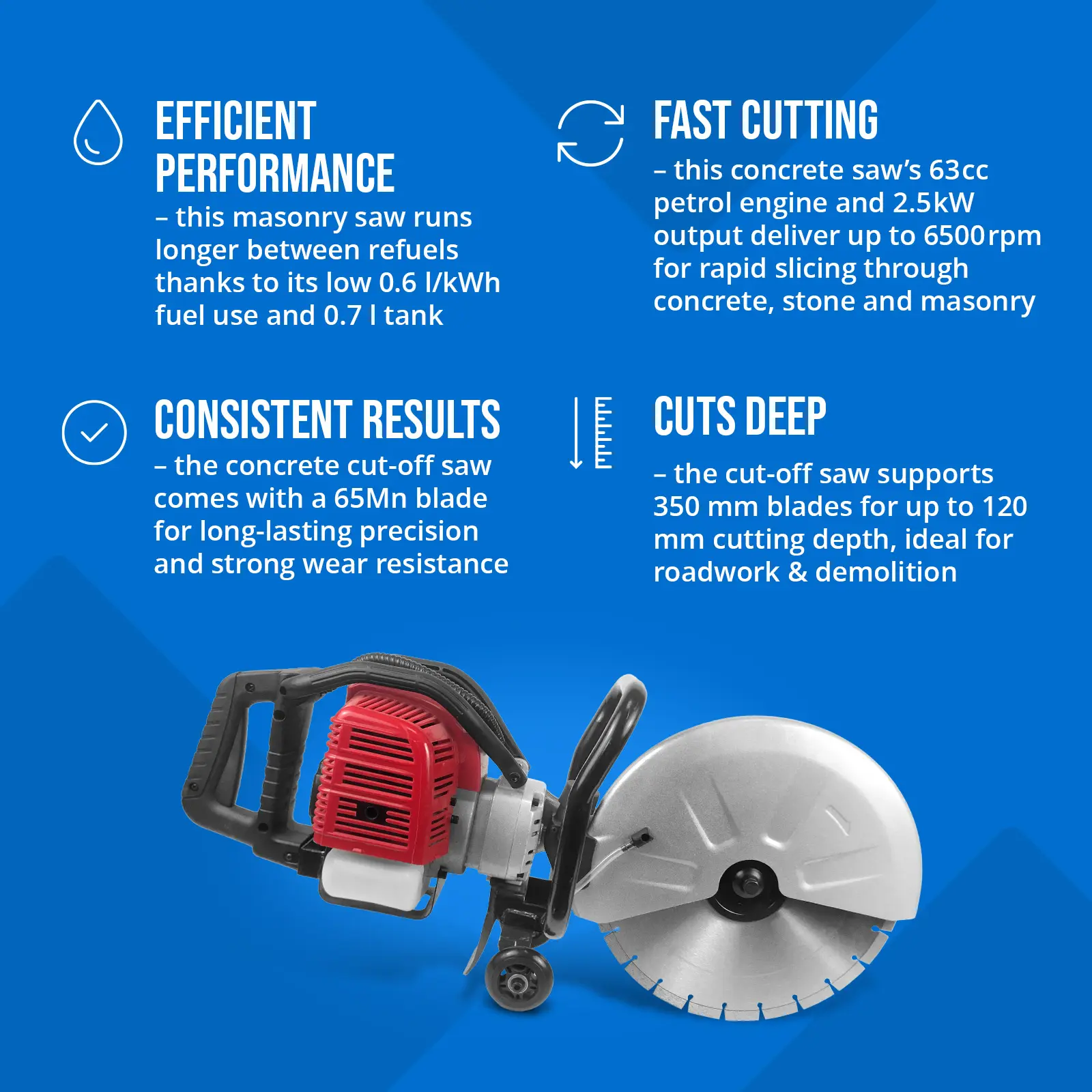 Sierra de hormigón - gasolina - 2500 W - profundidad de corte 120 mm (Consumo de líquido: 0.6 l/h)