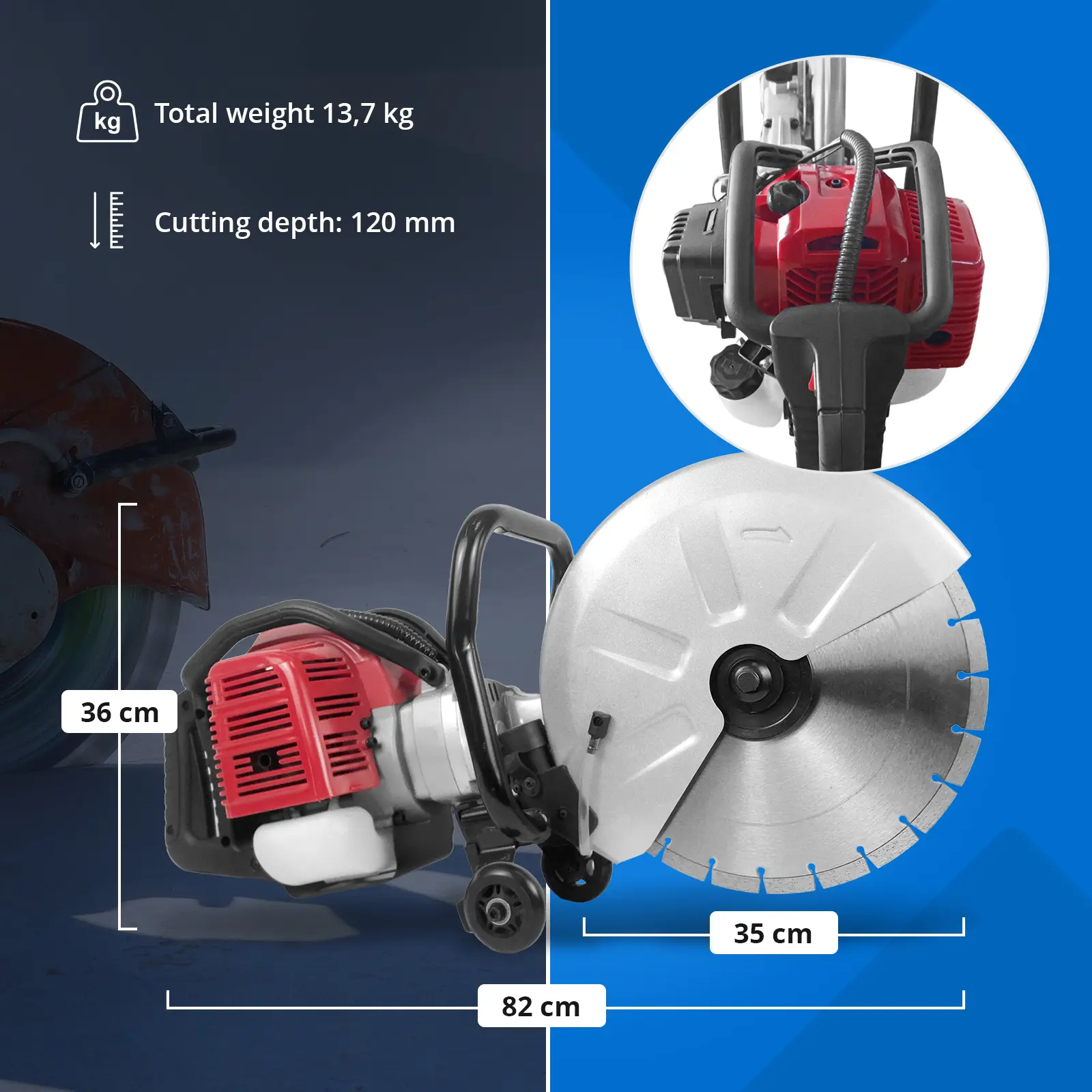 Sierra de hormigón - gasolina - 2500 W - profundidad de corte 120 mm (Capacidad del depósito de combustible: 0.7 l)