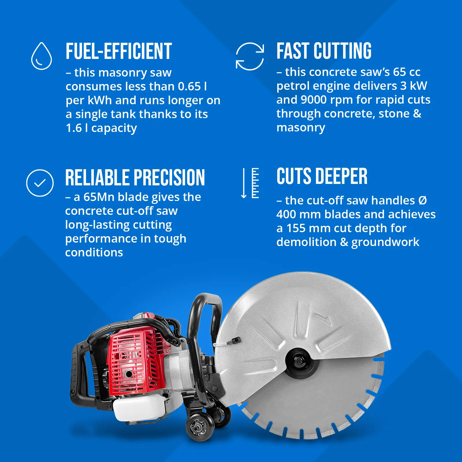 Sega per calcestruzzo - benzina - 3000 W - 155 mm di profondità di taglio (Consumo del liquido: 0.65 l/h)