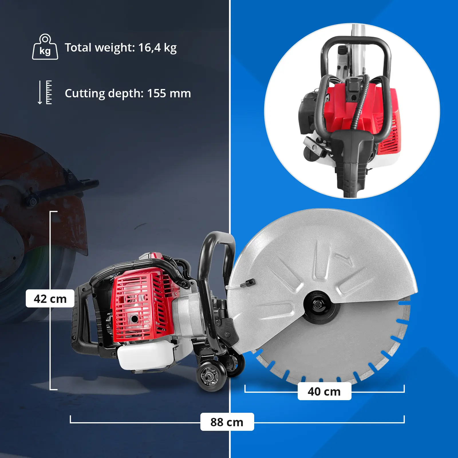 Sega per calcestruzzo - benzina - 3000 W - 155 mm di profondità di taglio (Capacità del serbatoio: 1.6 l)