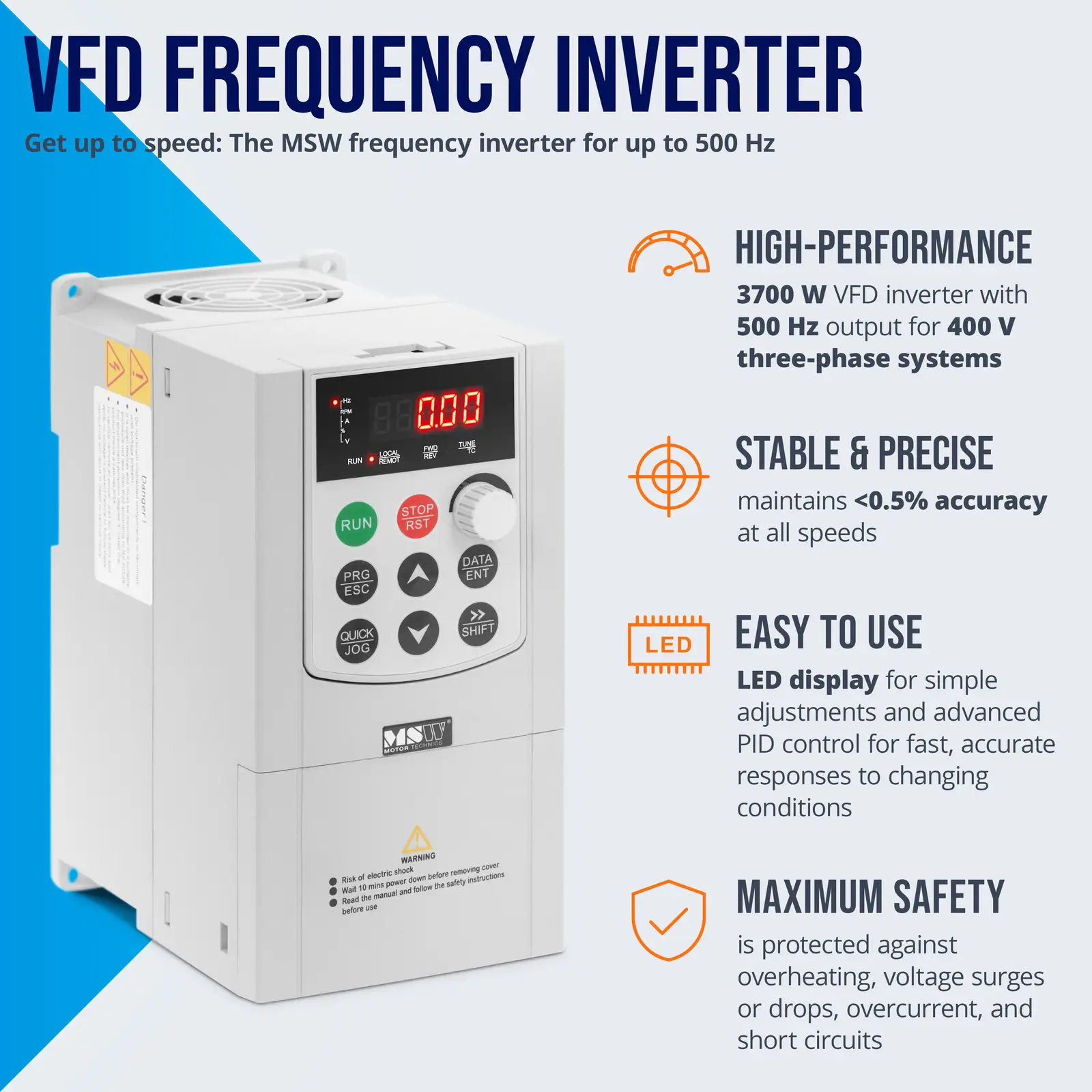 Frekvenciaváltó VFD - 3700 W - 400 V - 0,1 bis 500 Hz - LED