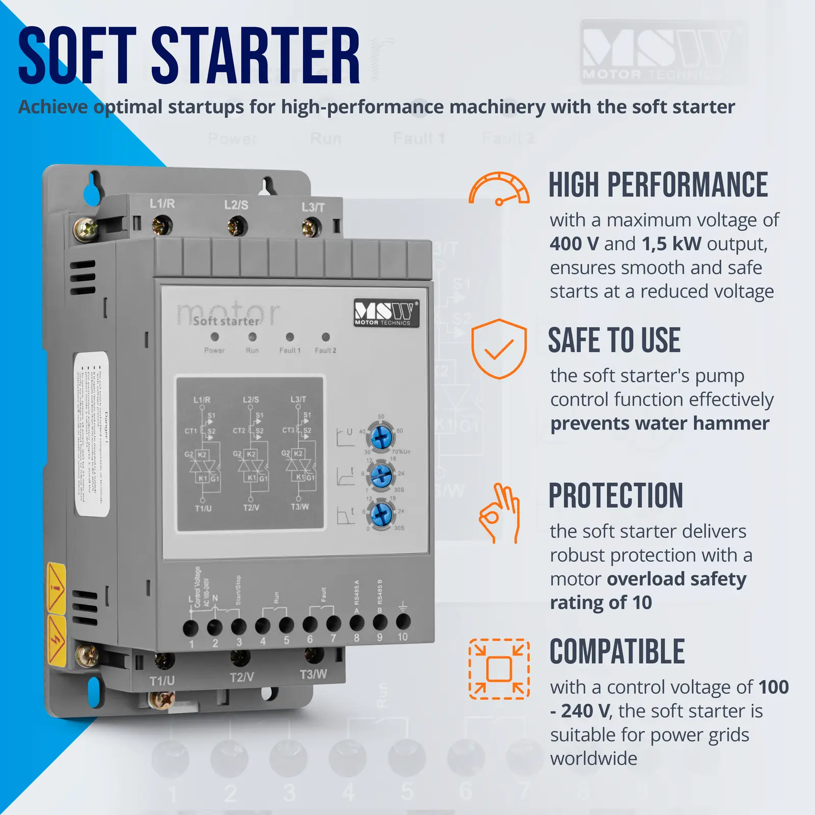 Softstartér - 400 V / 100–240 V - 1,5 kW - 3 A