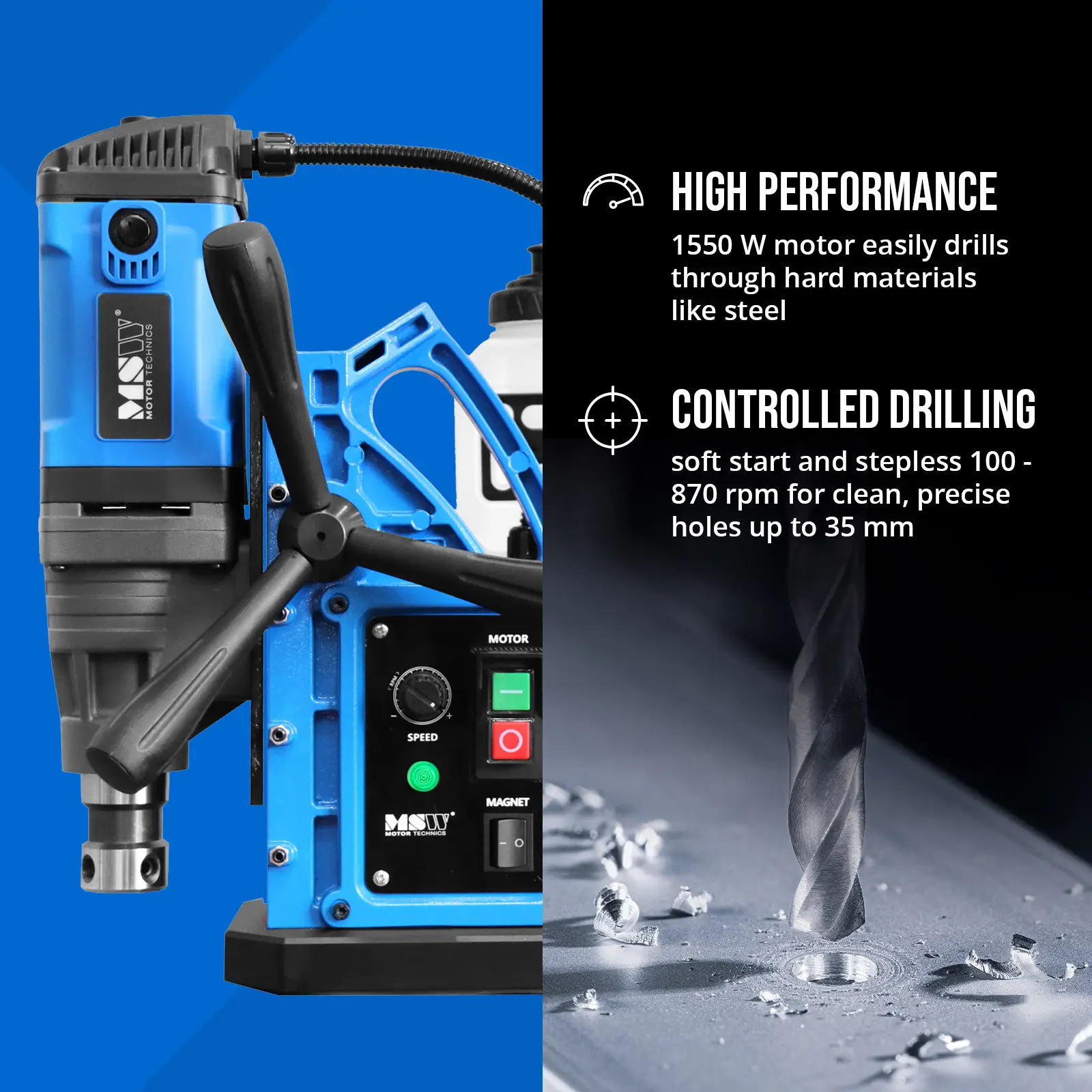 Magnetbohrmaschine - mit Vakuum - 1550 W - 870 U/min - Bohrdurchmesser max. 35 mm (Länge Kabel: 3.1 m)
