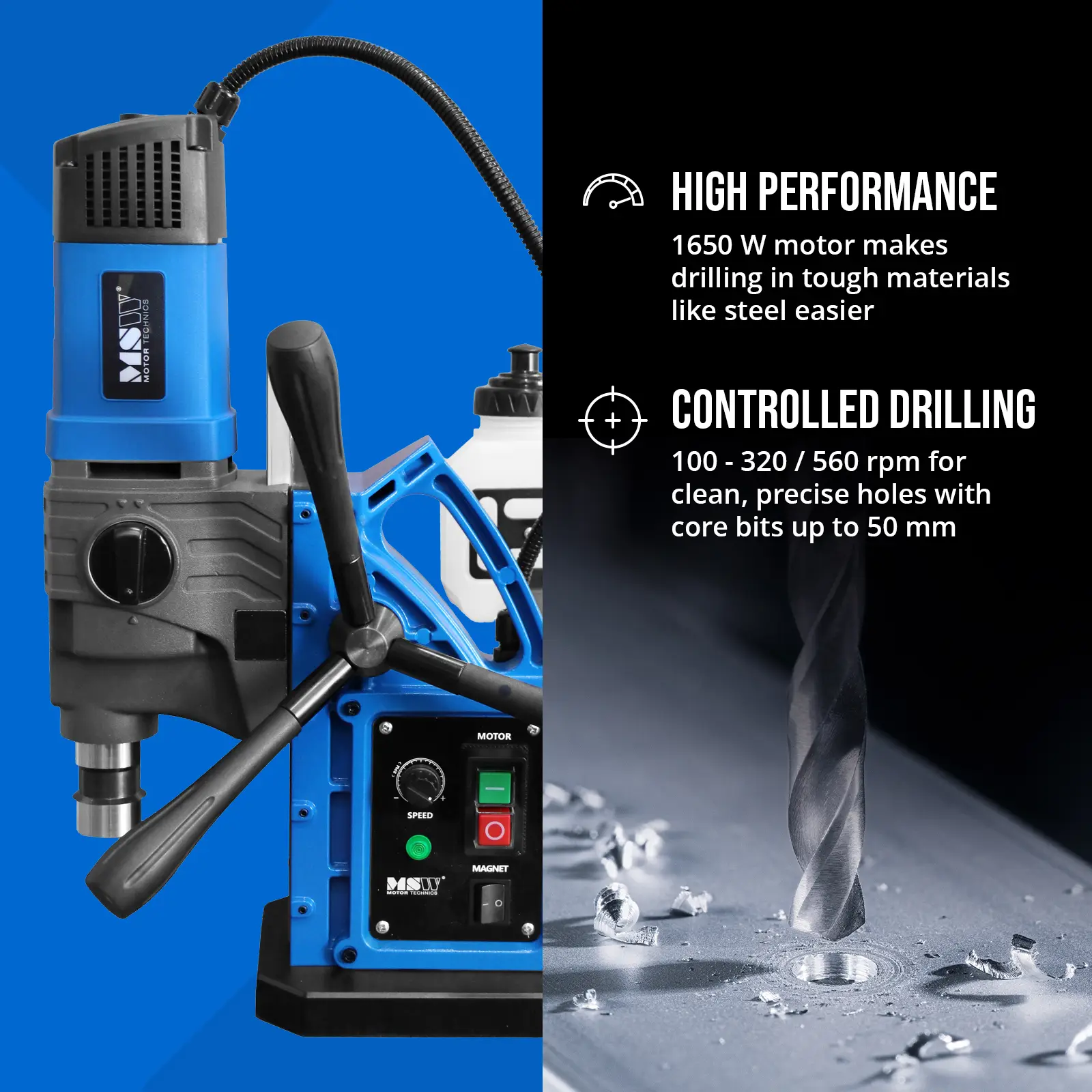 Máquina de perfuração magnética - com vácuo - 1650 W - 560 rpm - Diâmetro máximo de perfuração 13/50 mm (Comprimento do cabo: 3.1 m)