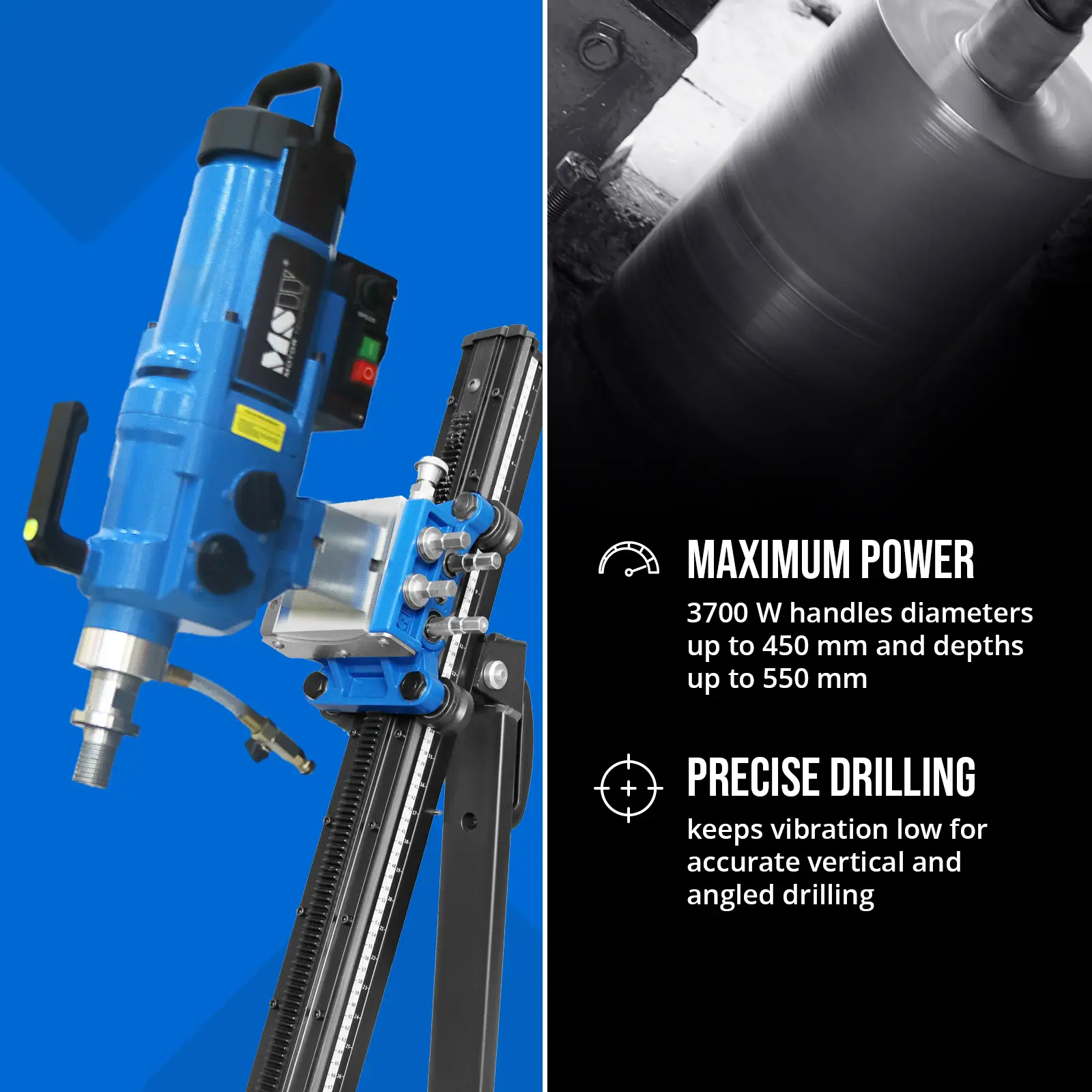 Diamond Core Drill - with stand - 3700 W - up to 1230 rpm - drilling diameter max. 450 mm (Safety clutch: Yes)