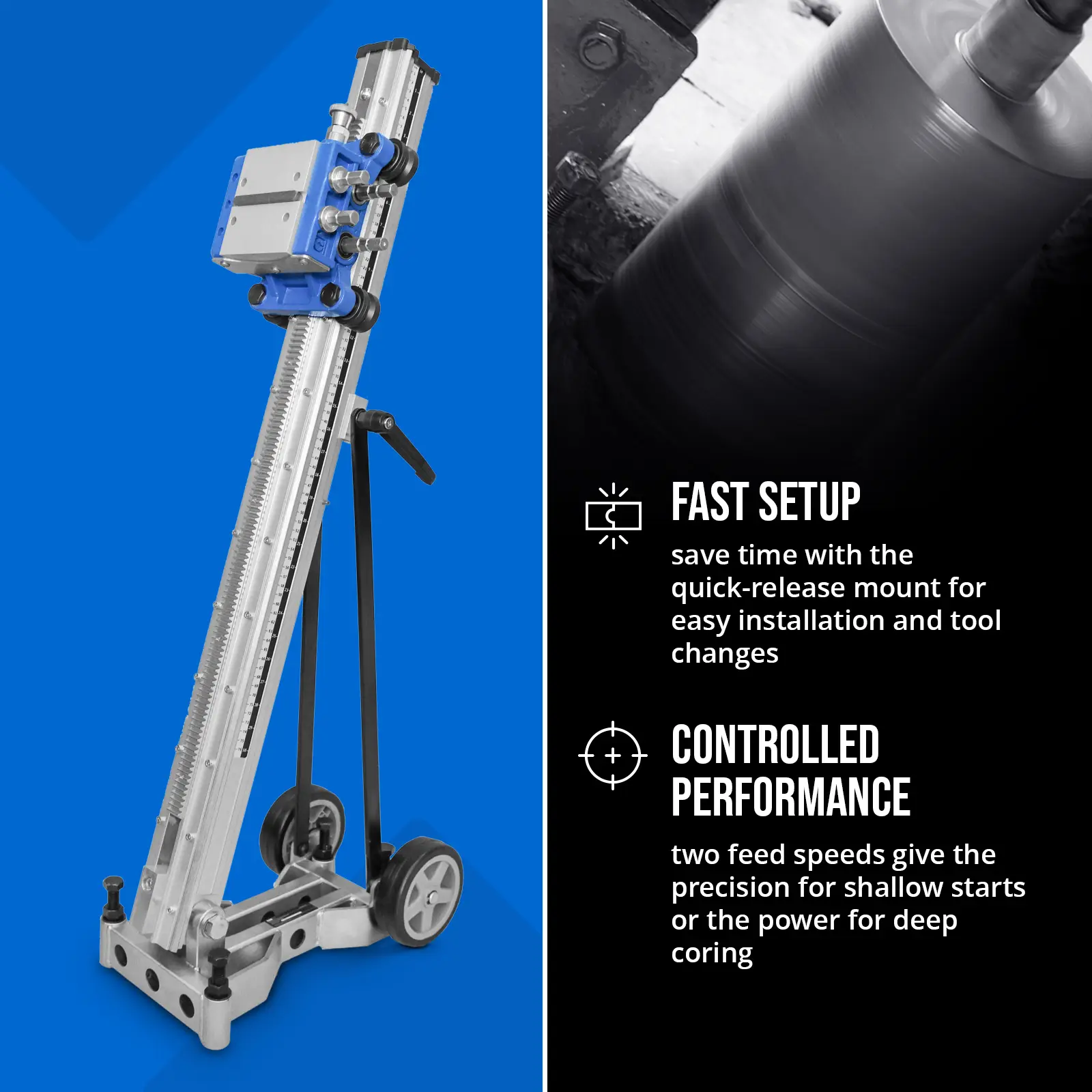 Gręžimo stovas – gręžimo skersmuo iki 480 mm (Kelionės ilgis: 760 mm)