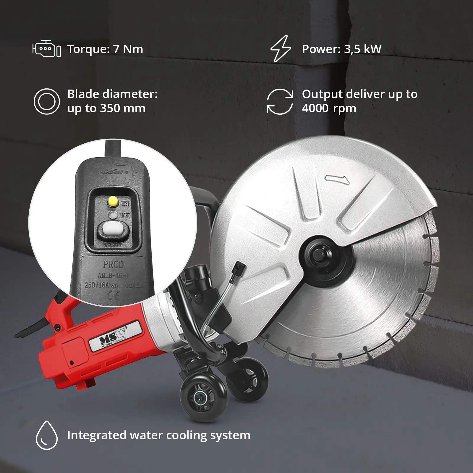 Betonsäge - 3500 W - 120 mm Schnitttiefe - Wasserkühlung (Schallleistung: 112 dB)