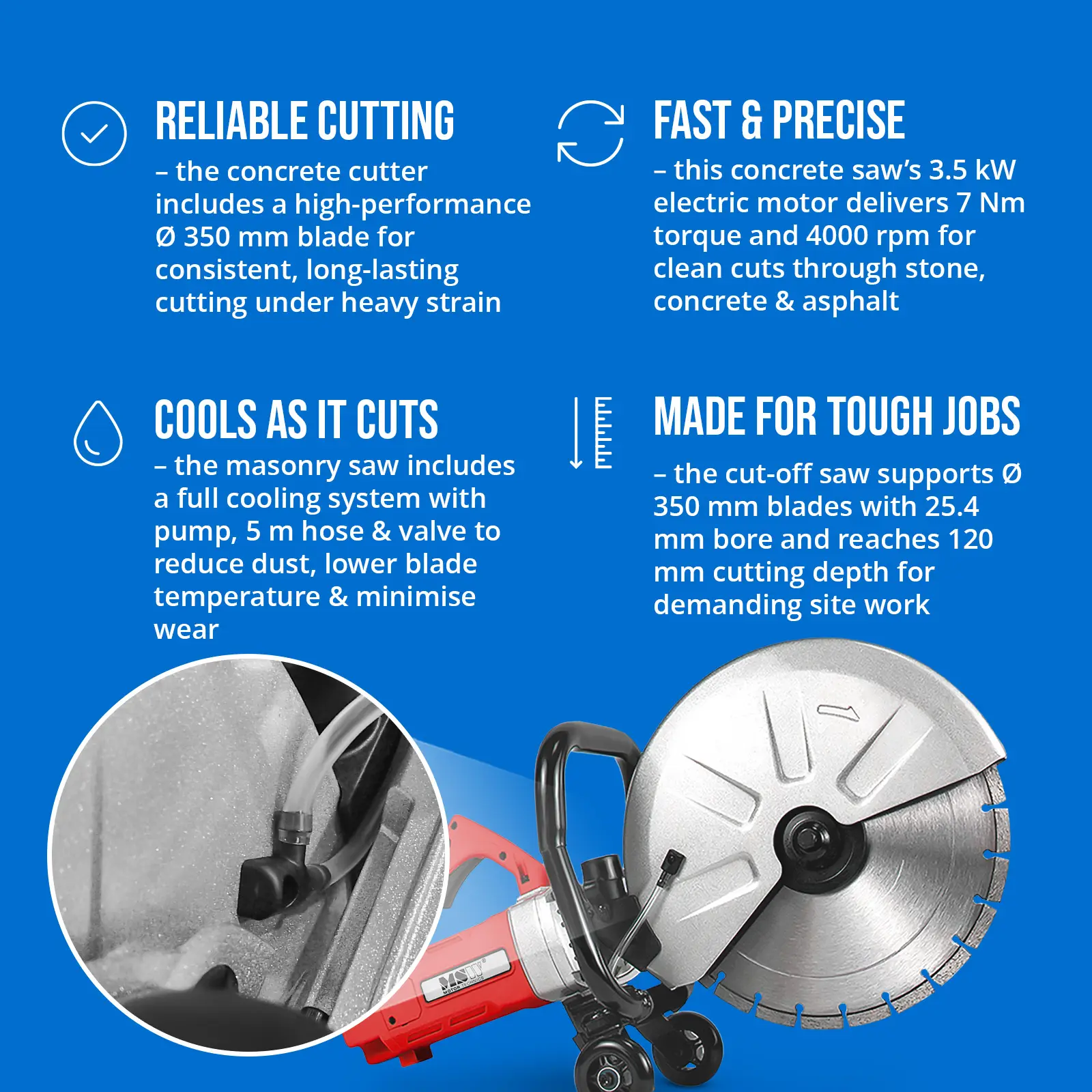 Betonsäge - 3500 W - 120 mm Schnitttiefe - Wasserkühlung (Schalldruckpegel: 99 dB)
