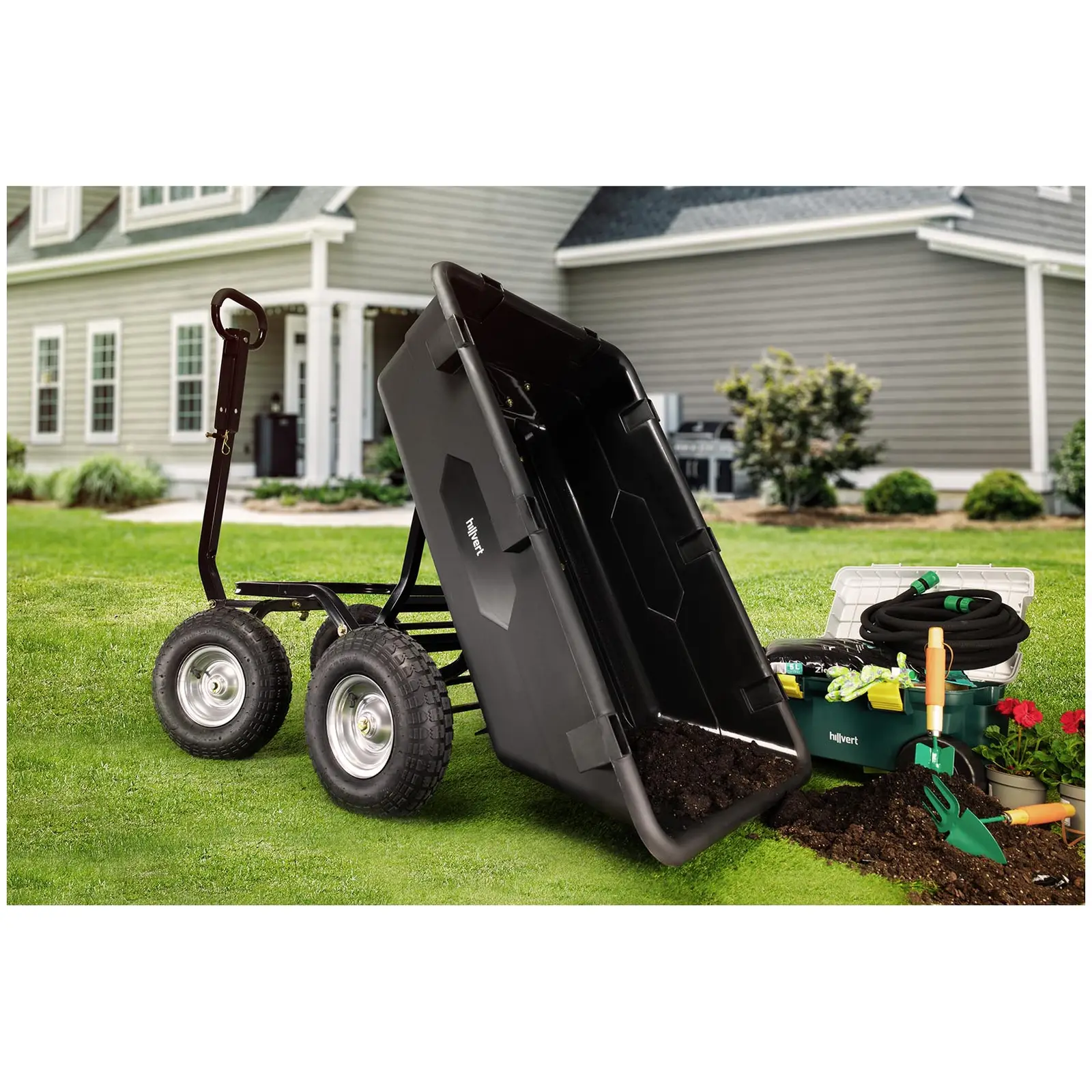 Carrello da giardino ribaltabile - 4 ruote pneumatiche - 550 kg - 150 L