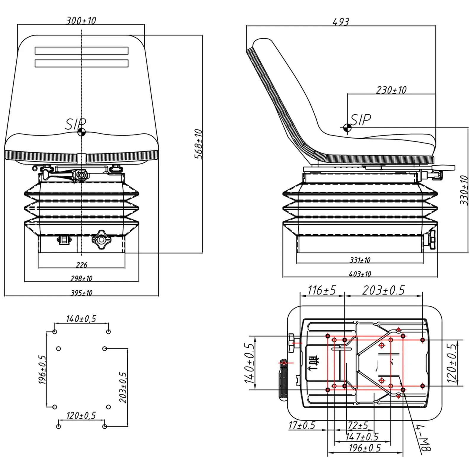 Sedile trattore - 40 x 30 cm - Sospensione 70 mm - Regolabile