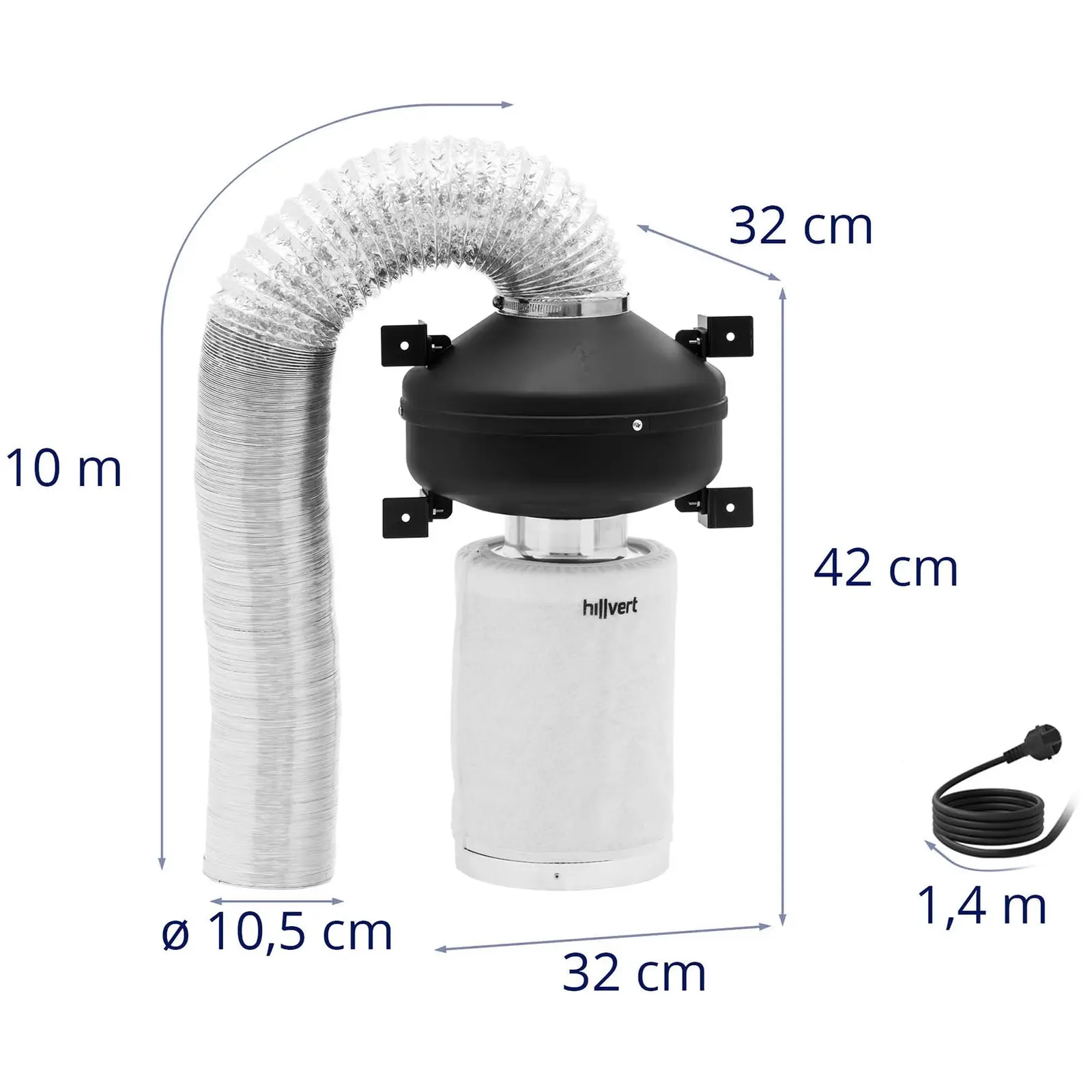 Komplet zračnih filtrov - 30 cm filter z aktivnim ogljem / odsesovalni ventilator / cev za odvod zraka - 249,6 m³/h - Ø 100 mm izhoda