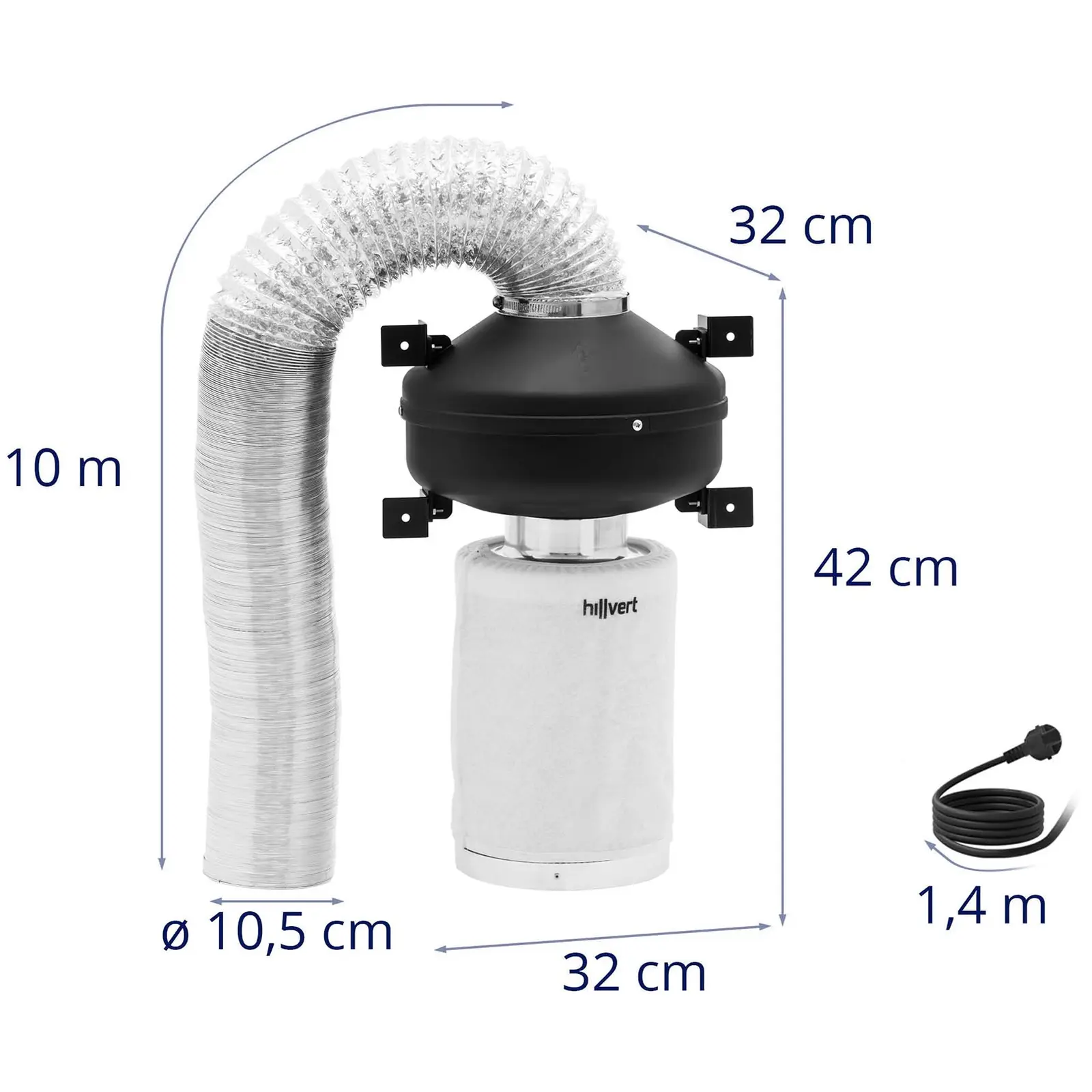 Luftfiltersett - 30 cm aktivert kullfilter / avtrekksvifte / avtrekksluftslange - 249,6 m³/h - Ø 100 mm uttak