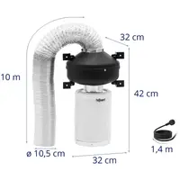 Комплект въздушни филтри - 30 см филтър с активен въглен / вентилатор за абсорбция / маркуч за изхвърляне на въздух - 249,6 м³/ч - изход Ø 100 мм