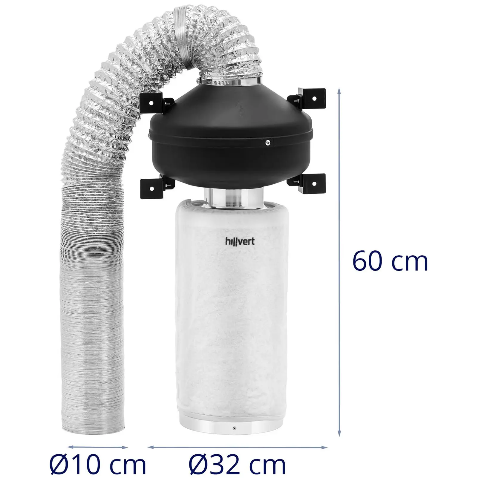 Luftfiltersett - 40 cm aktivt kullfilter / avtrekksvifte / avtrekksluftslange - 249,6 m³/h - Ø 102 mm uttak