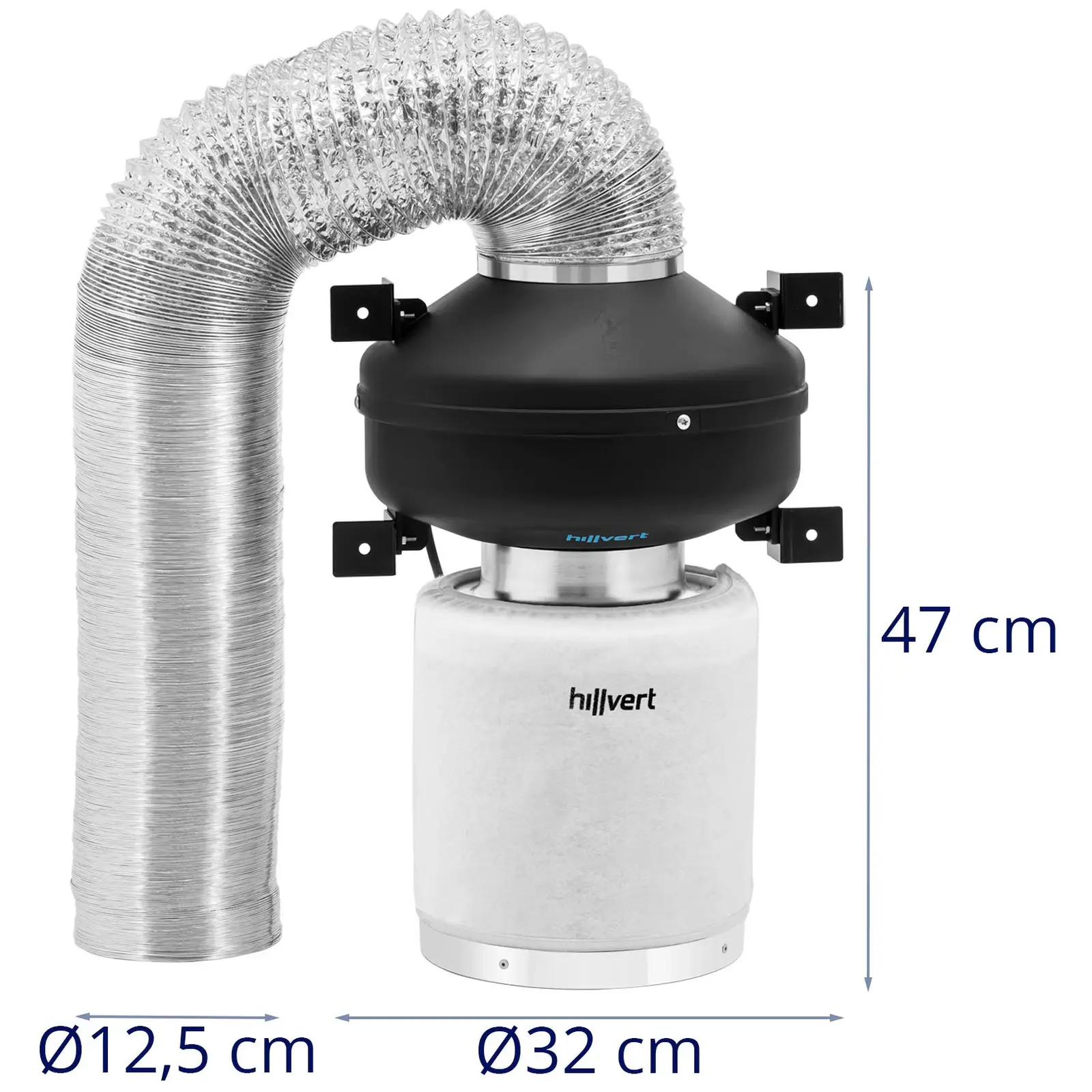 Súprava na odvádzanie odpadového vzduchu - filter s aktívnym uhlím/potrubný ventilátor/odsávacia hadica - 382.2 m³/h - výstup Ø 125 mm