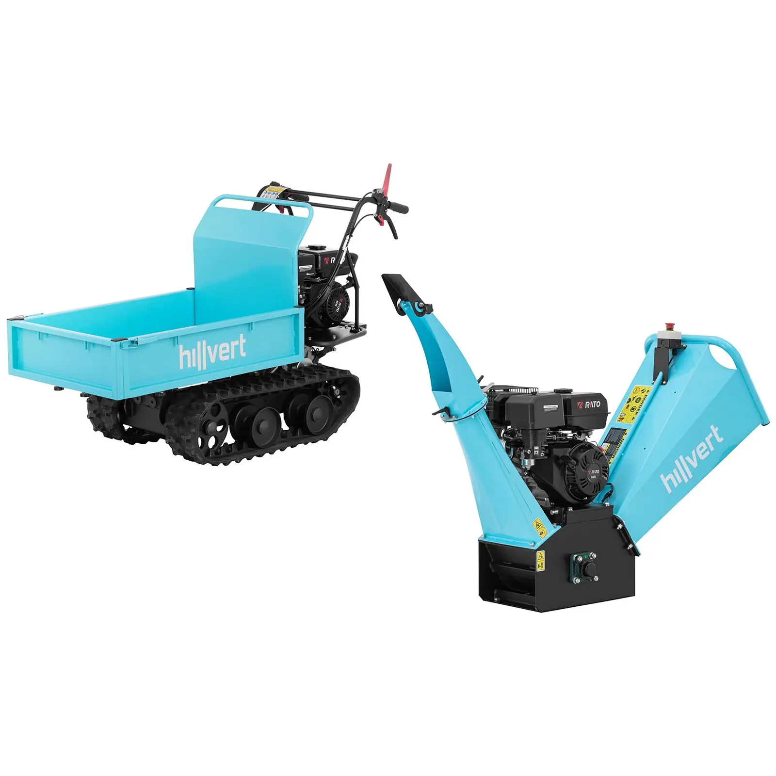 Benzínový drtič na pásovém podvozku - 15 HP - 120 mm - násypka 560 x 490 x 1050 mm - s nádobou (Nouzový vypínač: Ano)