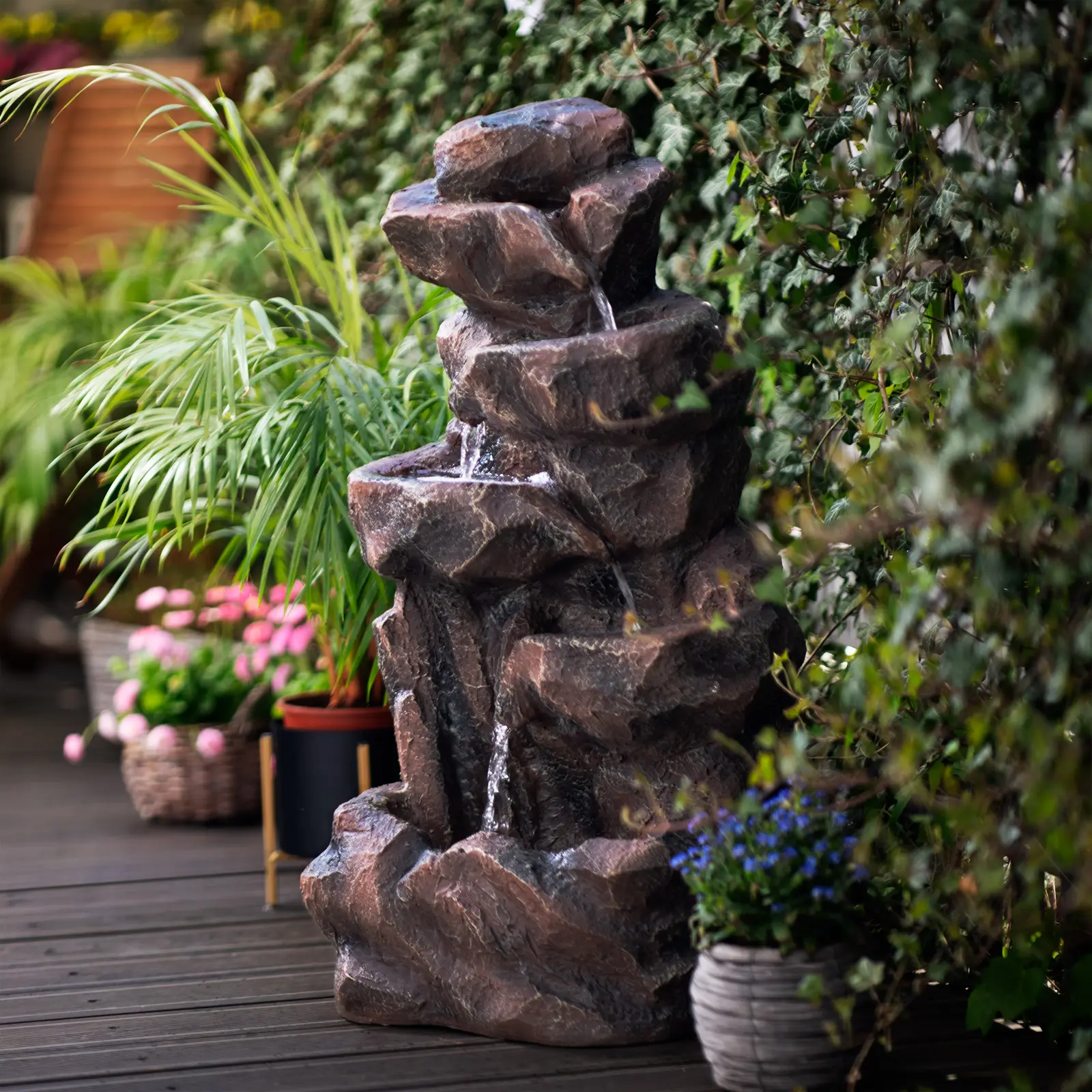 Solar Water Fountain - tiered rock formation - LED lighting