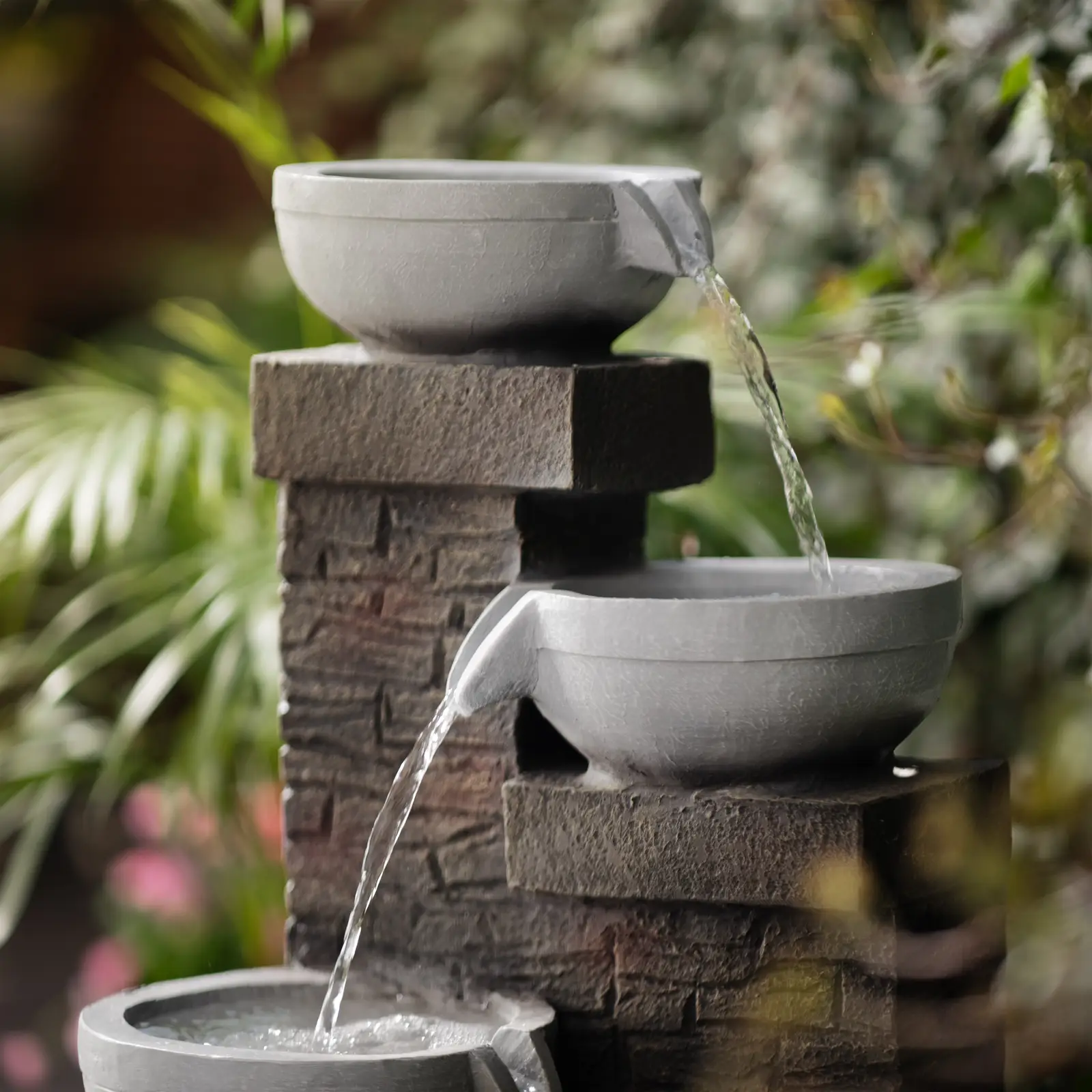 Solar Water Fountain - 3 bowls on wall ensemble - LED lighting