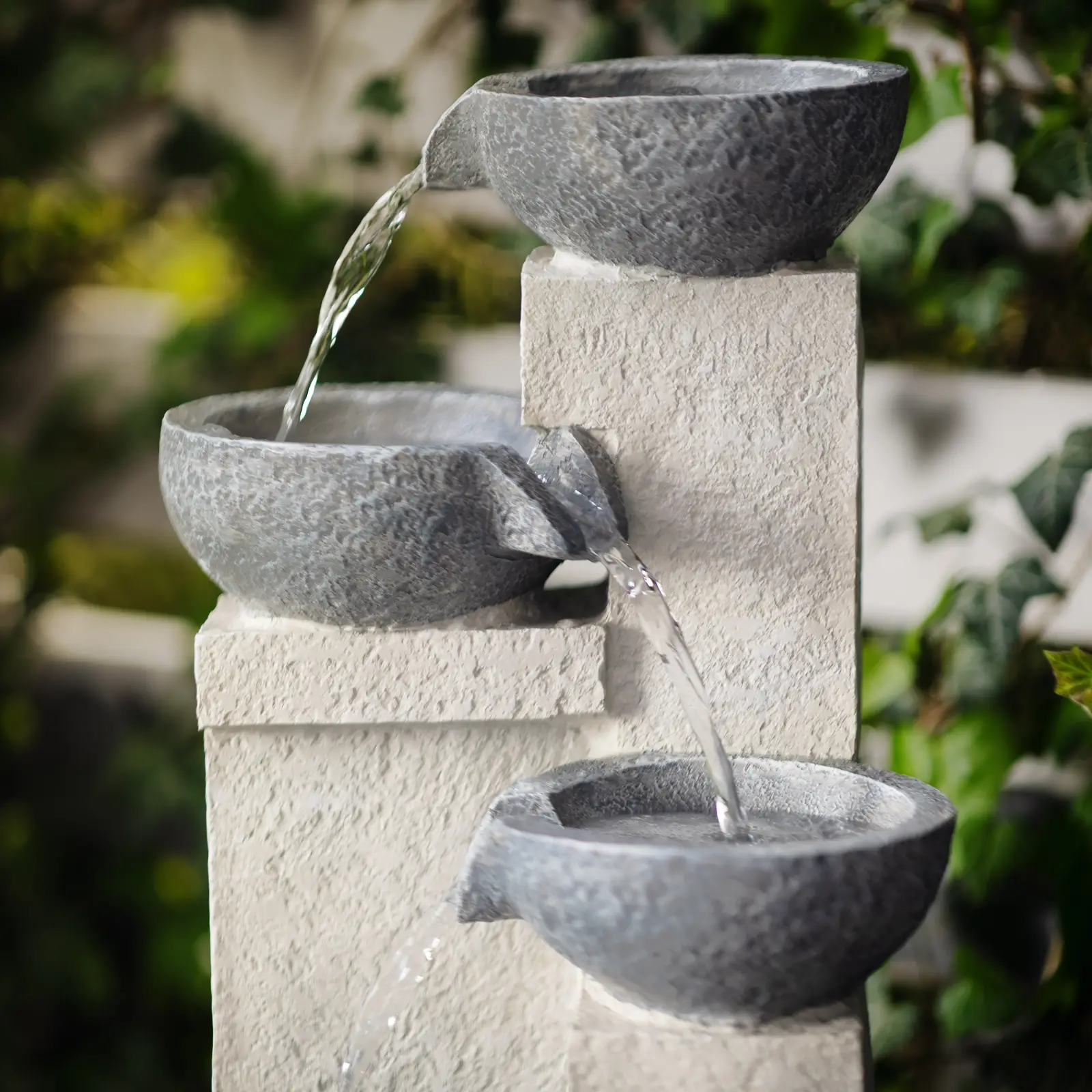 Solar Water Fountain - 4 bowls on cement wall - LED lighting