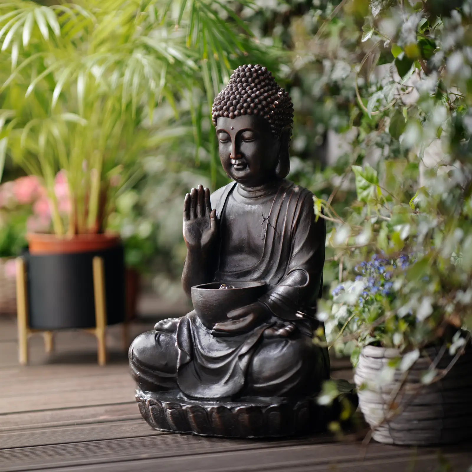 Fonte solar de jardim - figura de saudação de Buda - iluminação LED