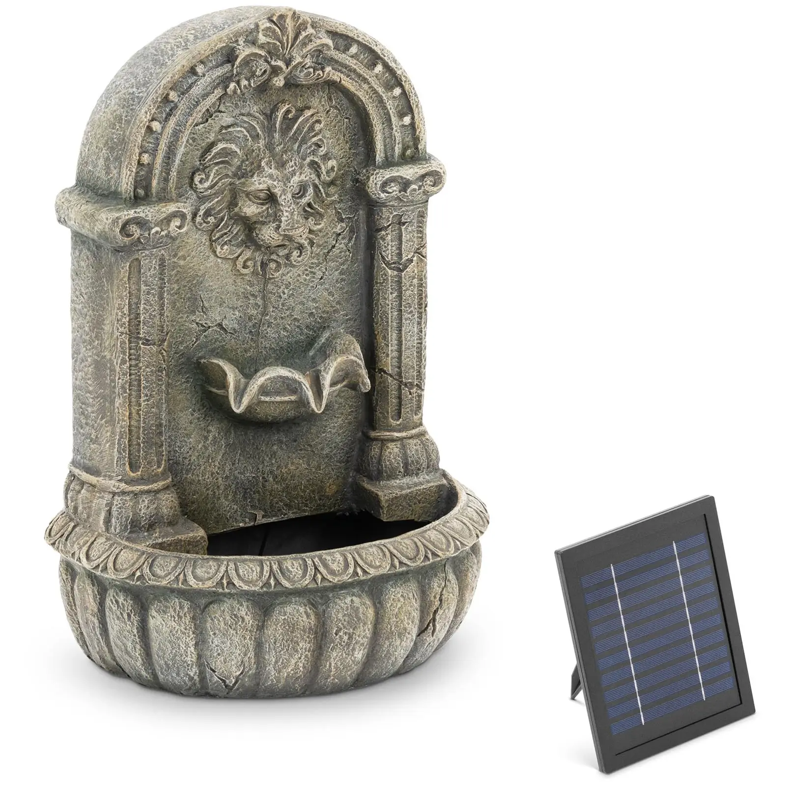 Solar Water Fountain - spouting lion's head on decorated basin - LED lighting