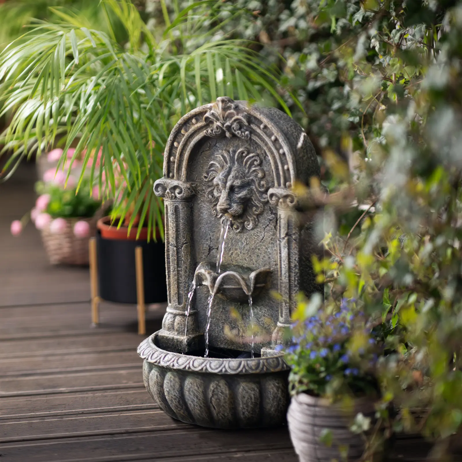 Solar Water Fountain - spouting lion's head on decorated basin - LED lighting