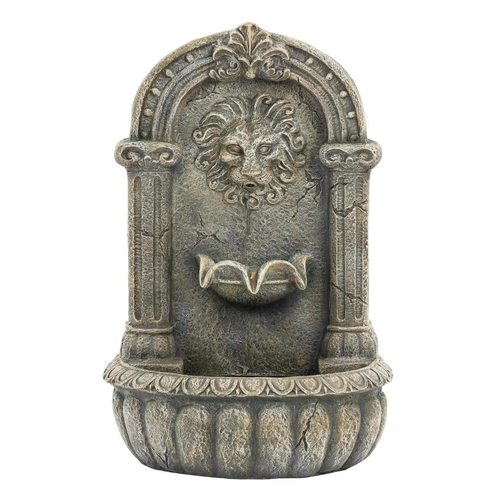 Solar Water Fountain - spouting lion's head on decorated basin - LED lighting