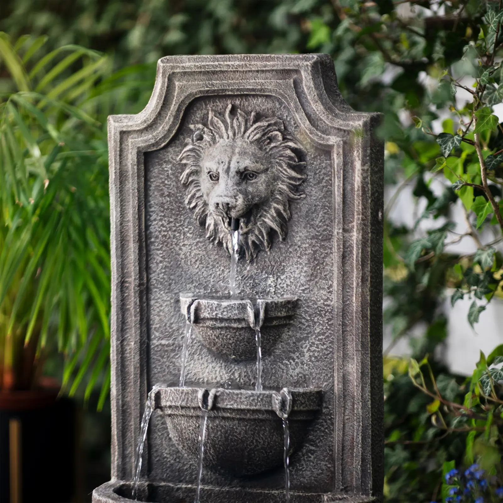 Solar Garden Fountain - Lion Head Cascade 3 Tiers - LED-belysning