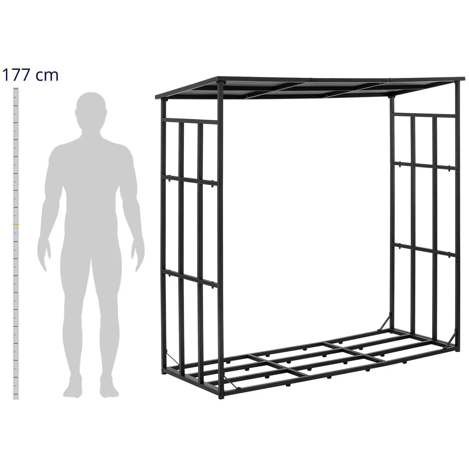 Tűzifatároló - tetővel - 400 kg - 190 x 76 x 186 cm - acél - fekete