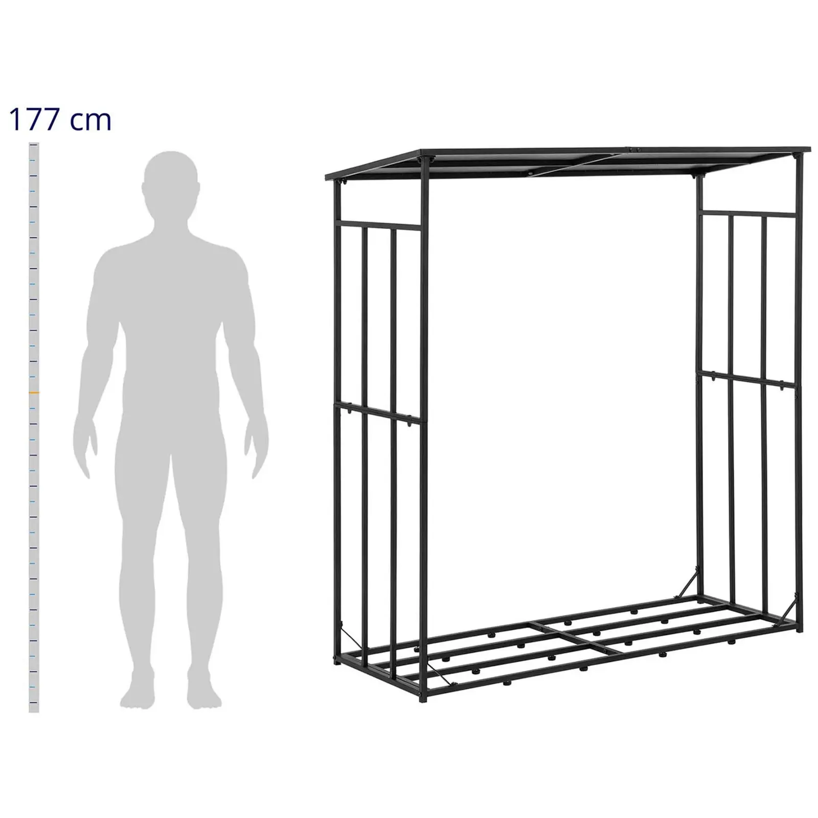 Tűzifatároló - tetővel - 300 kg - 161 x 65 x 177 cm - acél - fekete