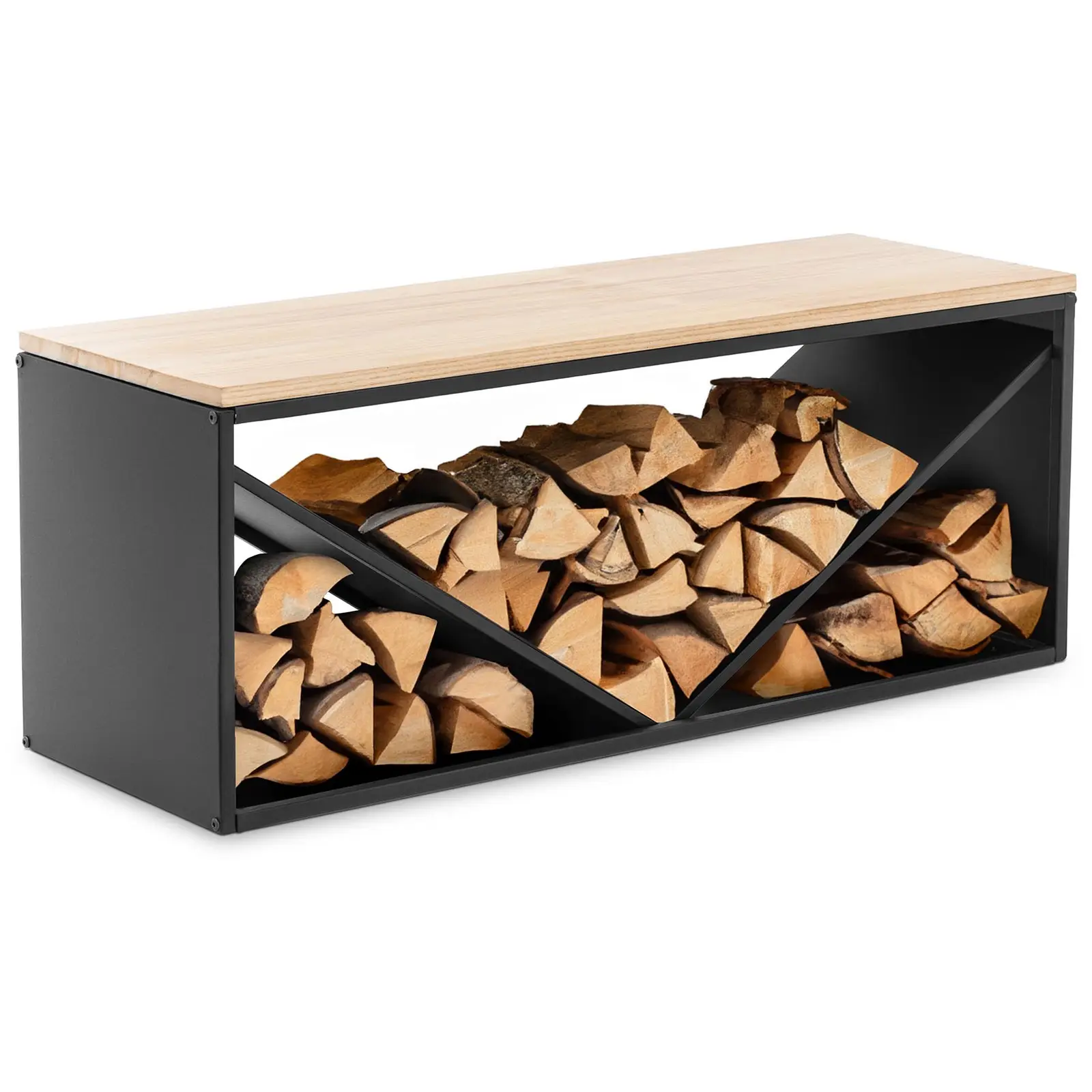 Range bûche - avec banc - 20/30 kg - 104 x 35 x 41 cm - Acier/bois - noir