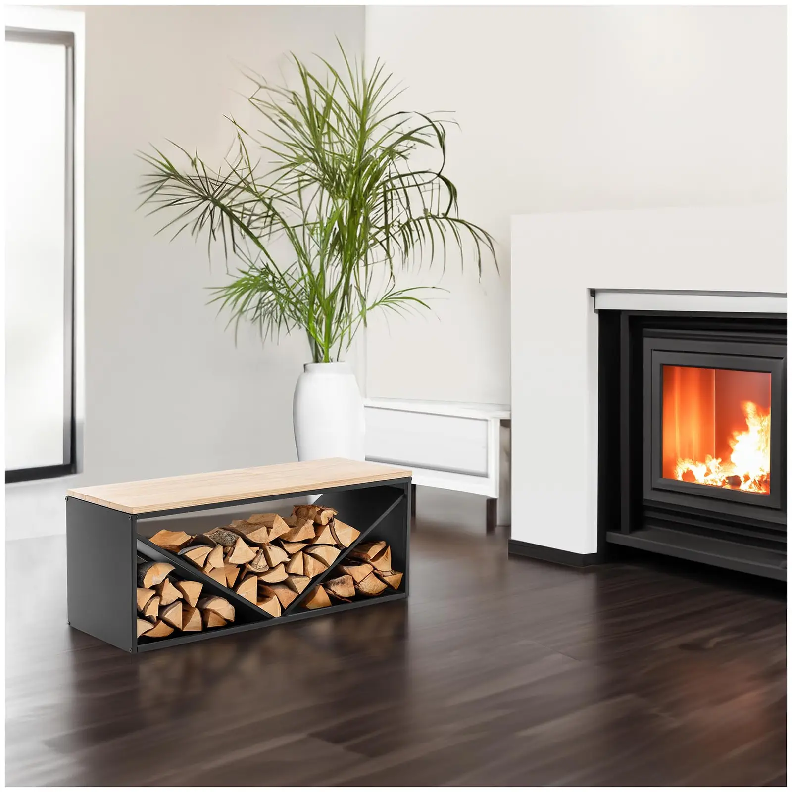 Range bûche - avec banc - 20/30 kg - 104 x 35 x 41 cm - Acier/bois - noir