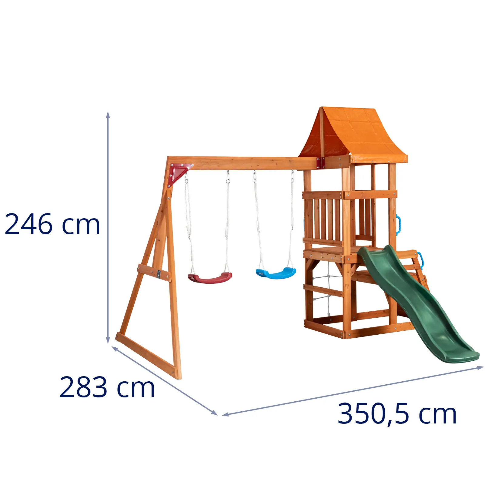 Parque infantil - plataforma - 2 baloiços - parede de escalada - escorrega - rede de escalada