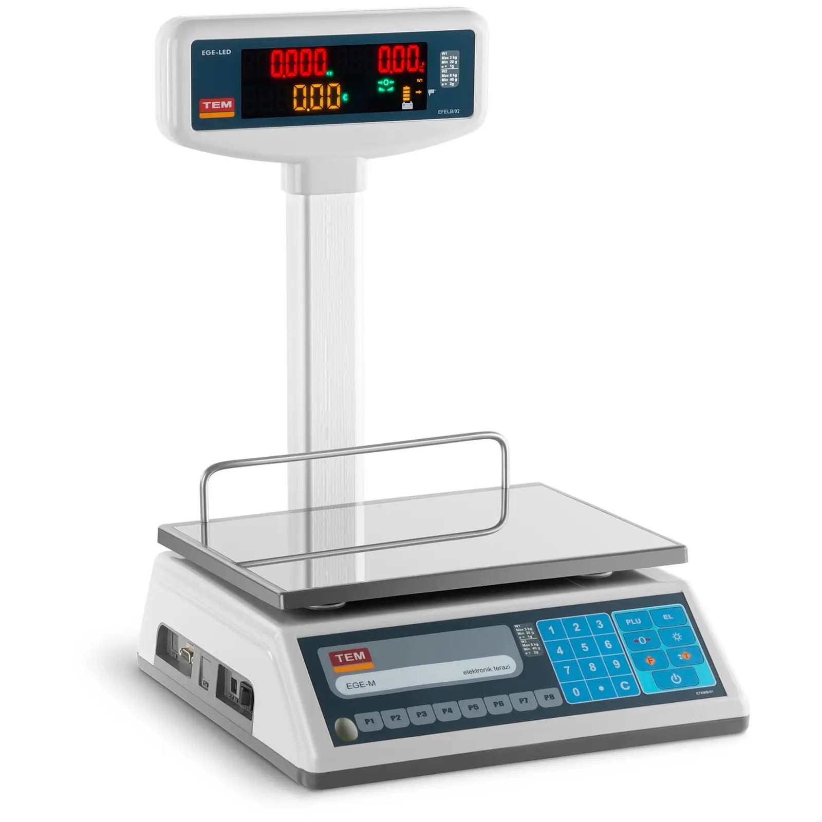 Obchodní váha - cejchovaná - 3 kg / 1 g - 6 kg / 2 g 23 x 30 cm - 2 vyvýšené LED displeje (Ukládání: Ano)