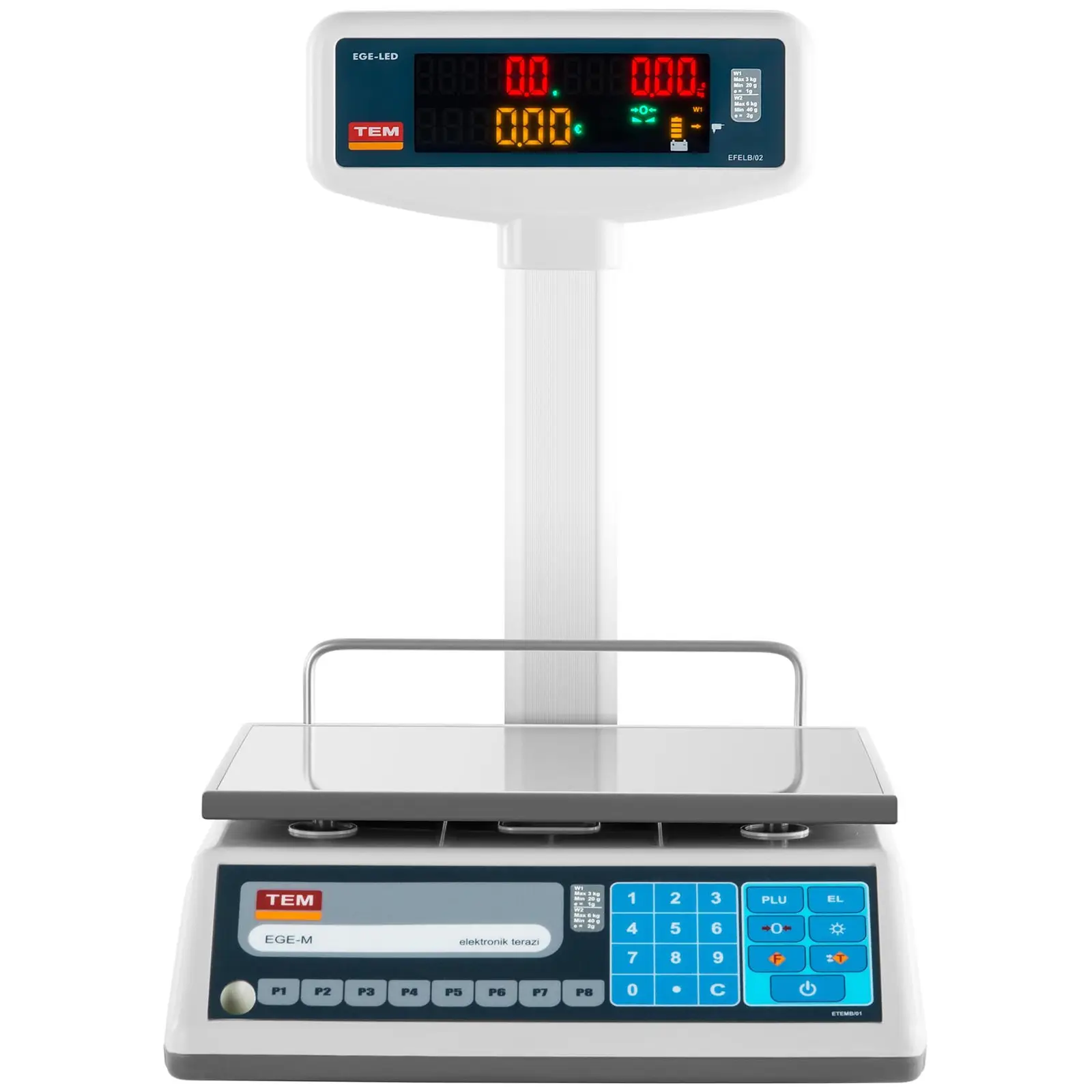 Obchodní váha - cejchovaná - 3 kg / 1 g - 6 kg / 2 g 23 x 30 cm - 2 vyvýšené LED displeje (Přesnost 1: 0.001 kg)