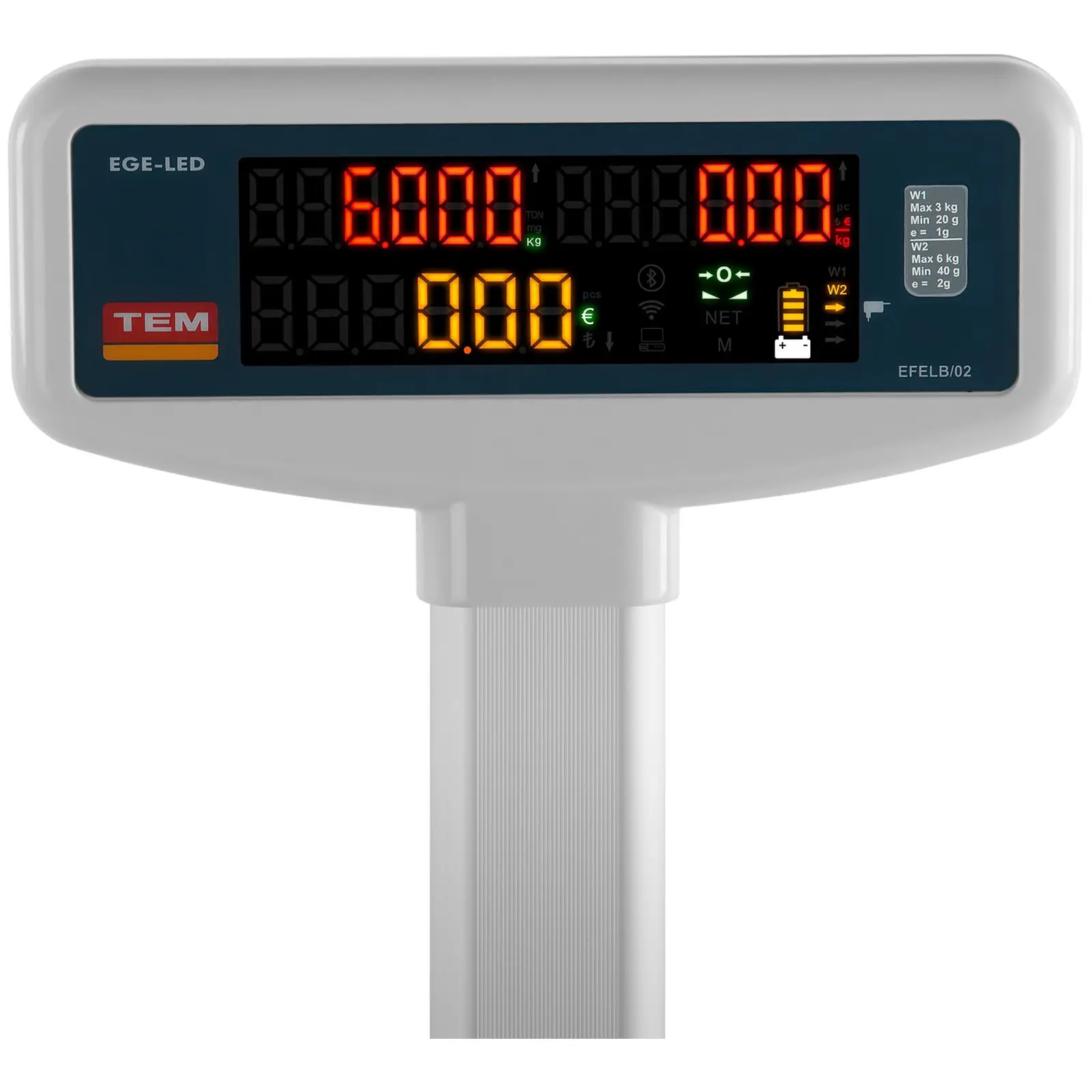 Obchodní váha - cejchovaná - 3 kg / 1 g - 6 kg / 2 g 23 x 30 cm - 2 vyvýšené LED displeje (Sčítání: Ano)