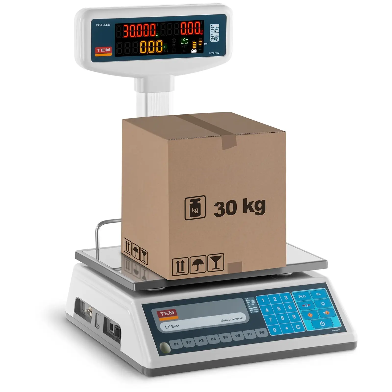 Obchodní váha - cejchovaná - 15 kg / 5 g - 30 kg / 10 g - 23 x 30 cm - 2 vyvýšené LED displeje