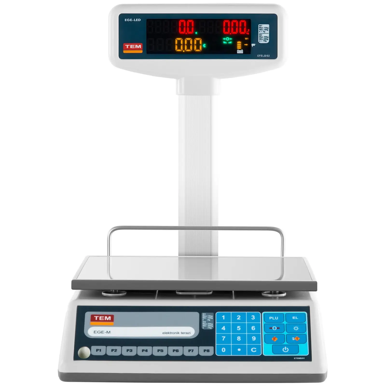 Obchodní váha - cejchovaná - 15 kg / 5 g - 30 kg / 10 g - 23 x 30 cm - 2 vyvýšené LED displeje (Tárování: Ano)