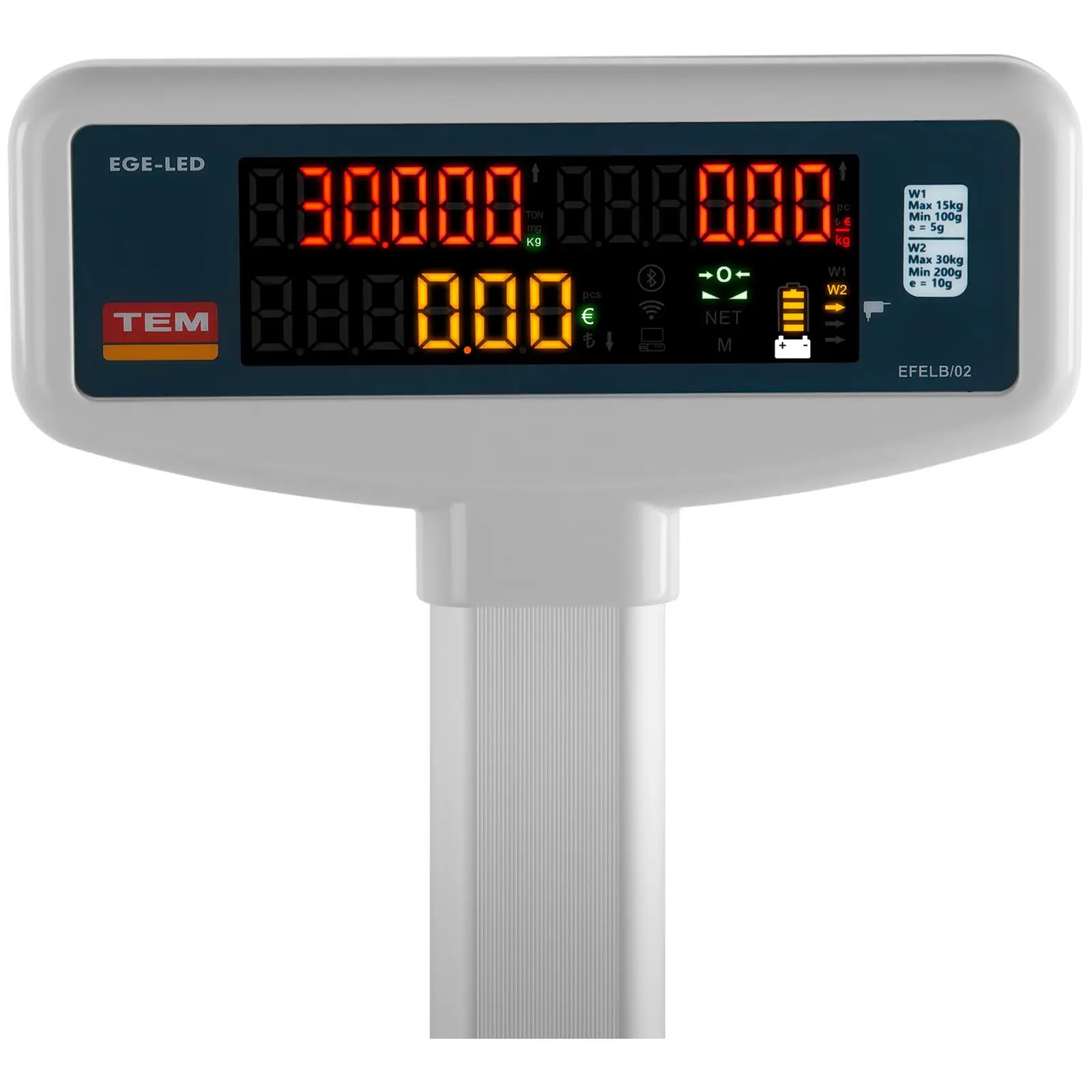 Obchodní váha - cejchovaná - 15 kg / 5 g - 30 kg / 10 g - 23 x 30 cm - 2 vyvýšené LED displeje (Maximální zatížení 1: 15 kg)