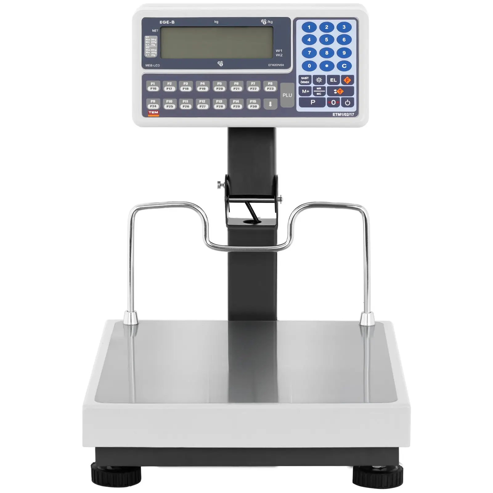 Obchodní váha - cejchovaná - 30 kg / 10 g - 60 kg / 20 g - 35 x 40 cm - vyvýšený LCD (Ukládání: Ano)