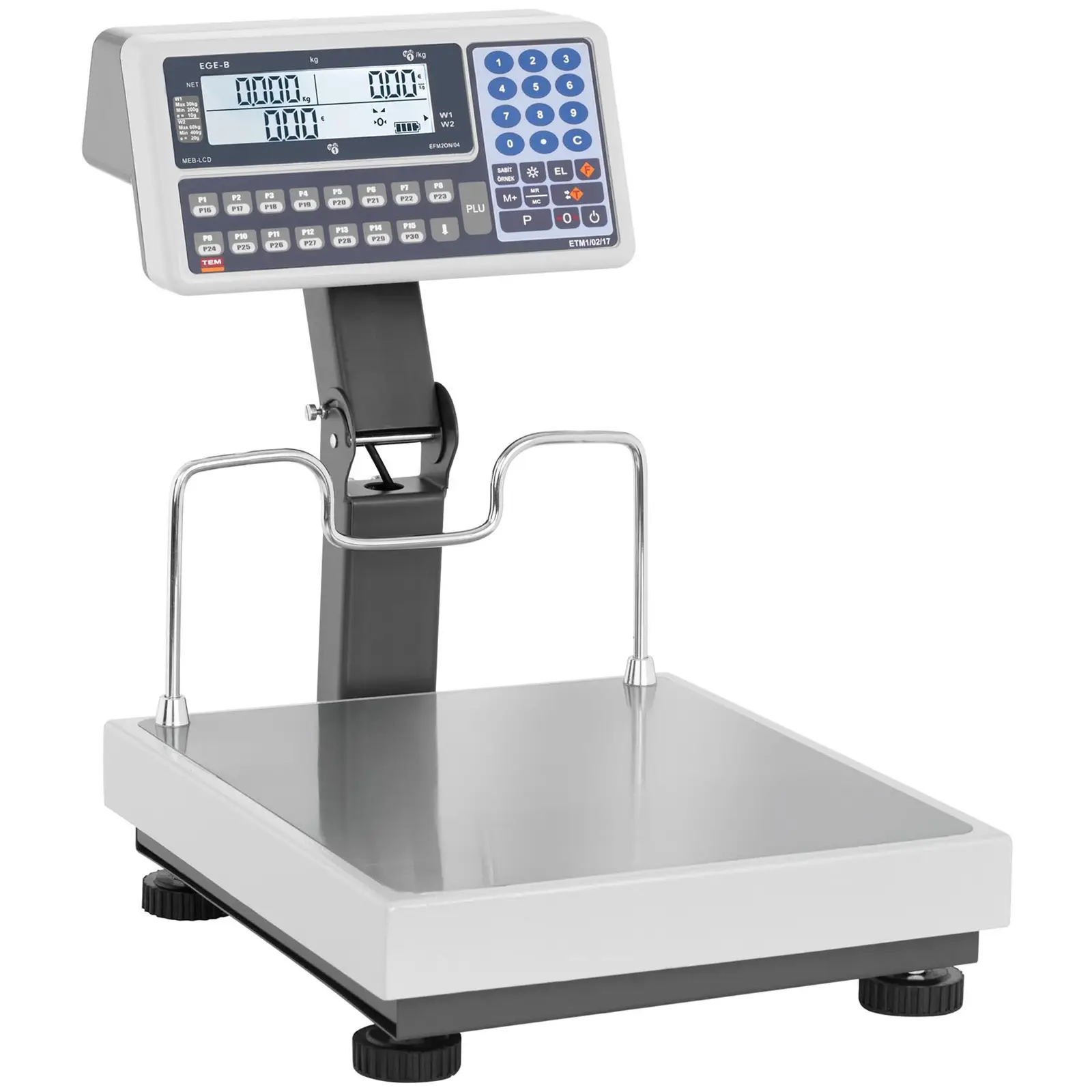 Obchodní váha - cejchovaná - 30 kg / 10 g - 60 kg / 20 g - 35 x 40 cm - vyvýšený LCD (Tárování: Ano)