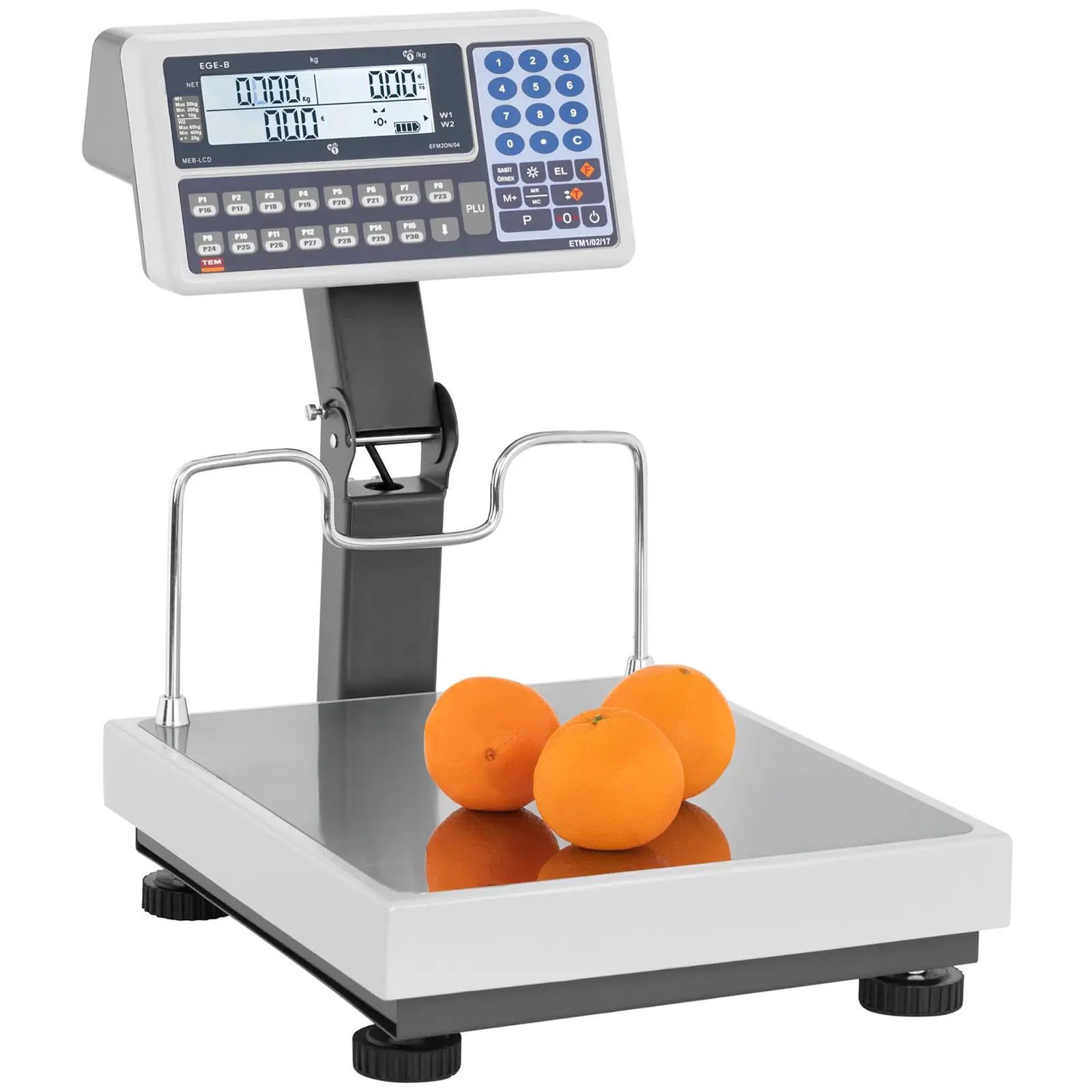 Obchodní váha - cejchovaná - 30 kg / 10 g - 60 kg / 20 g - 35 x 40 cm - vyvýšený LCD (Nuly: Ano)