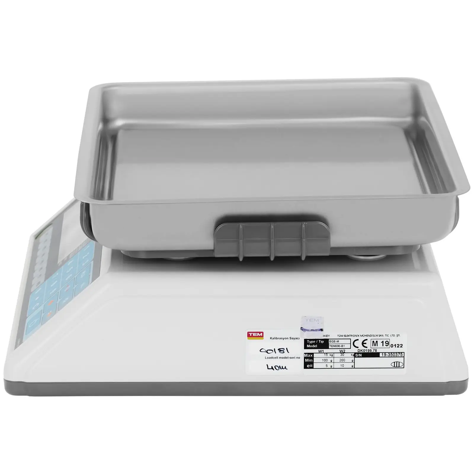 Obchodní váha - cejchovaná - 30 kg / 10 g - 27,8 x 32,8 cm - dobíjecí baterie 200 h - duální LCD displej (Přesnost 1: 0.005 kg)