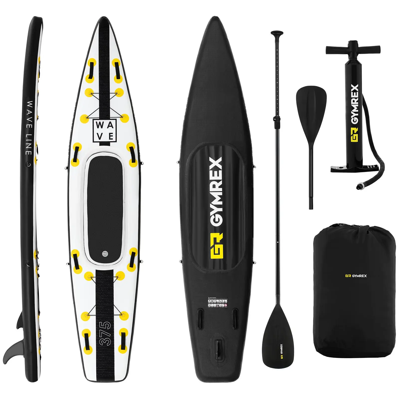 Levně Nafukovací stand up paddleboard 120 kg černá / žlutá sada s pádlem, sedátkem a příslušenstvím - Vodní sporty Gymrex