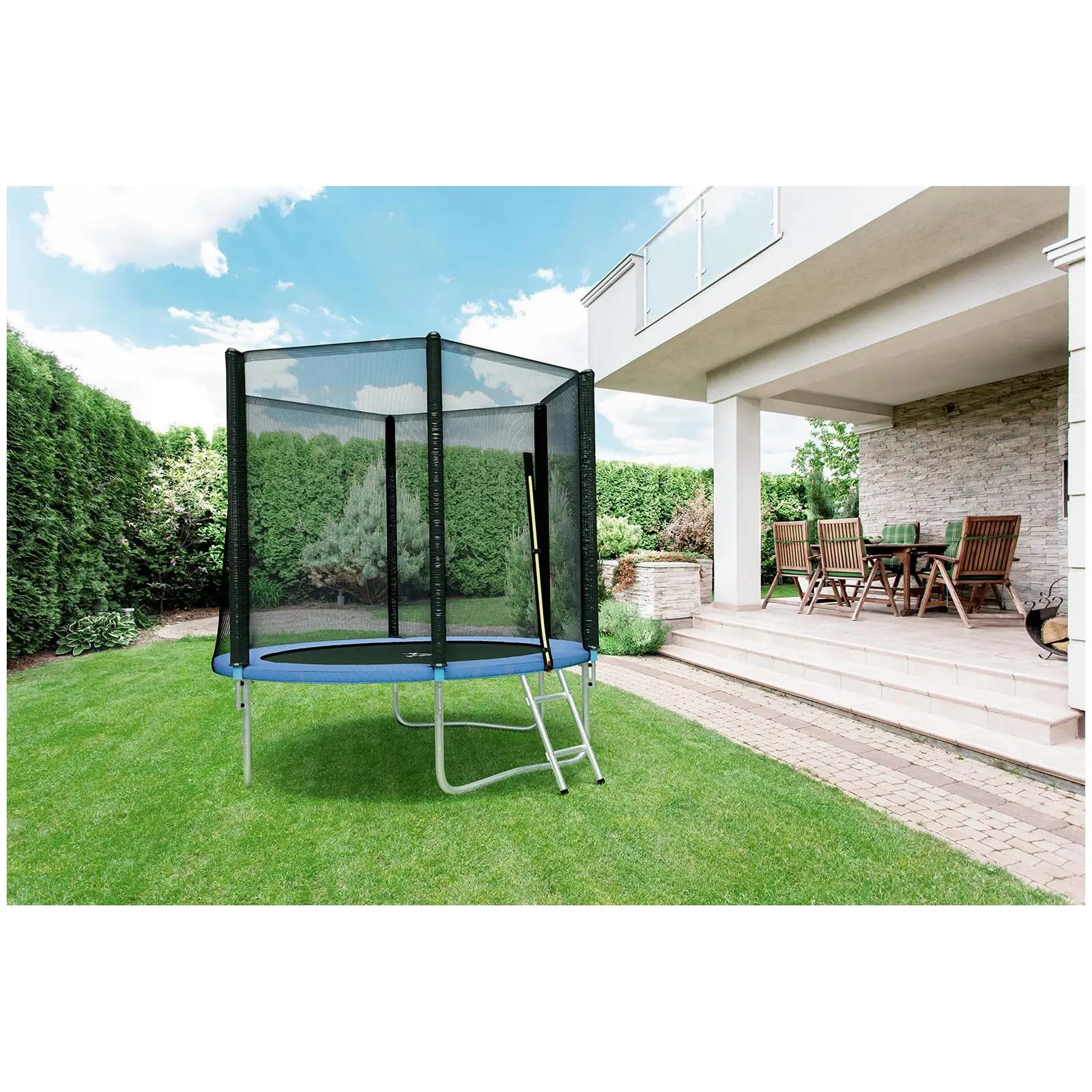 Záhradní trampolína – Ø 244 x 180 cm – 80 kg – síťovina – černá/modrá