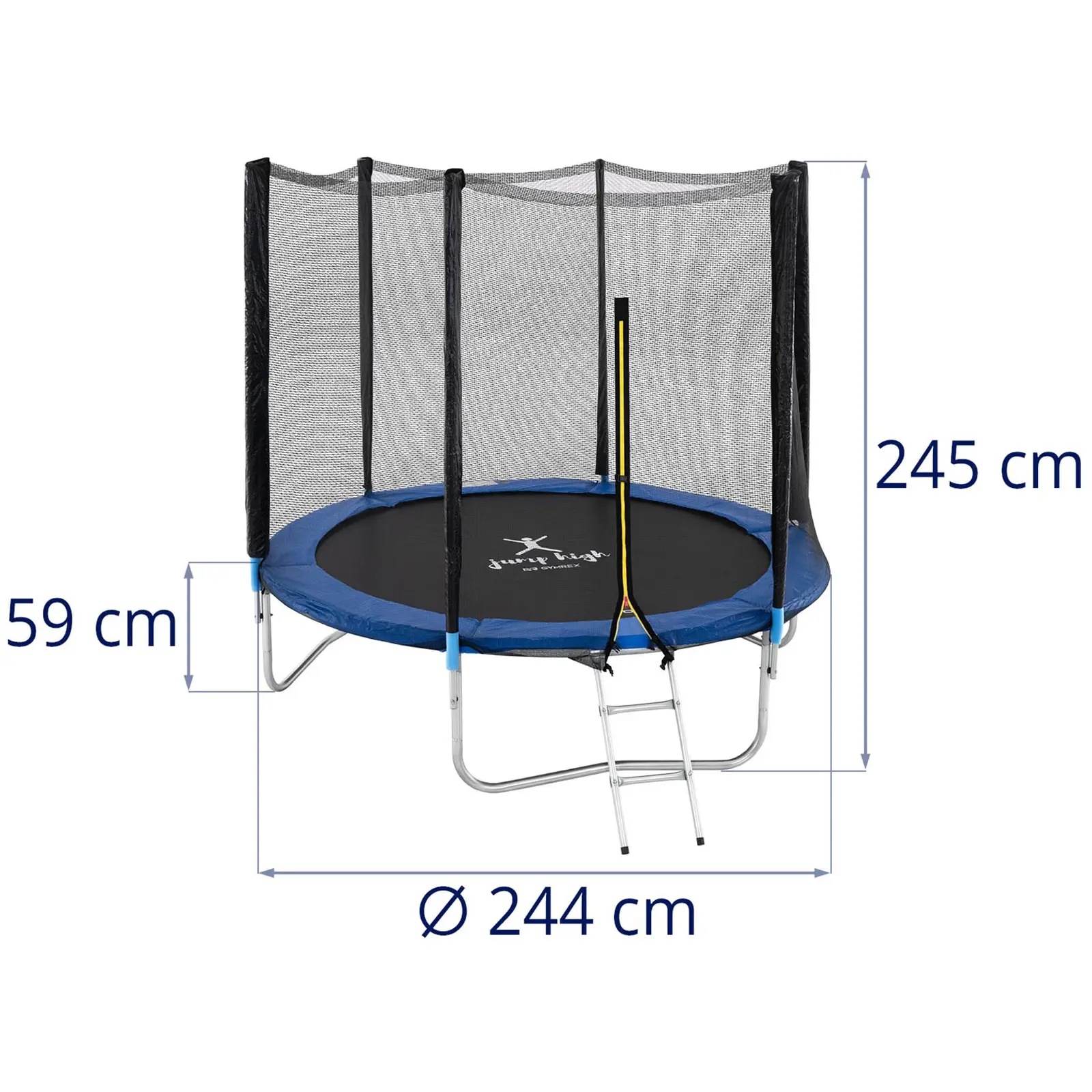 Trampolin med net - 244 cm i diameter - 80 kg - sort/blå