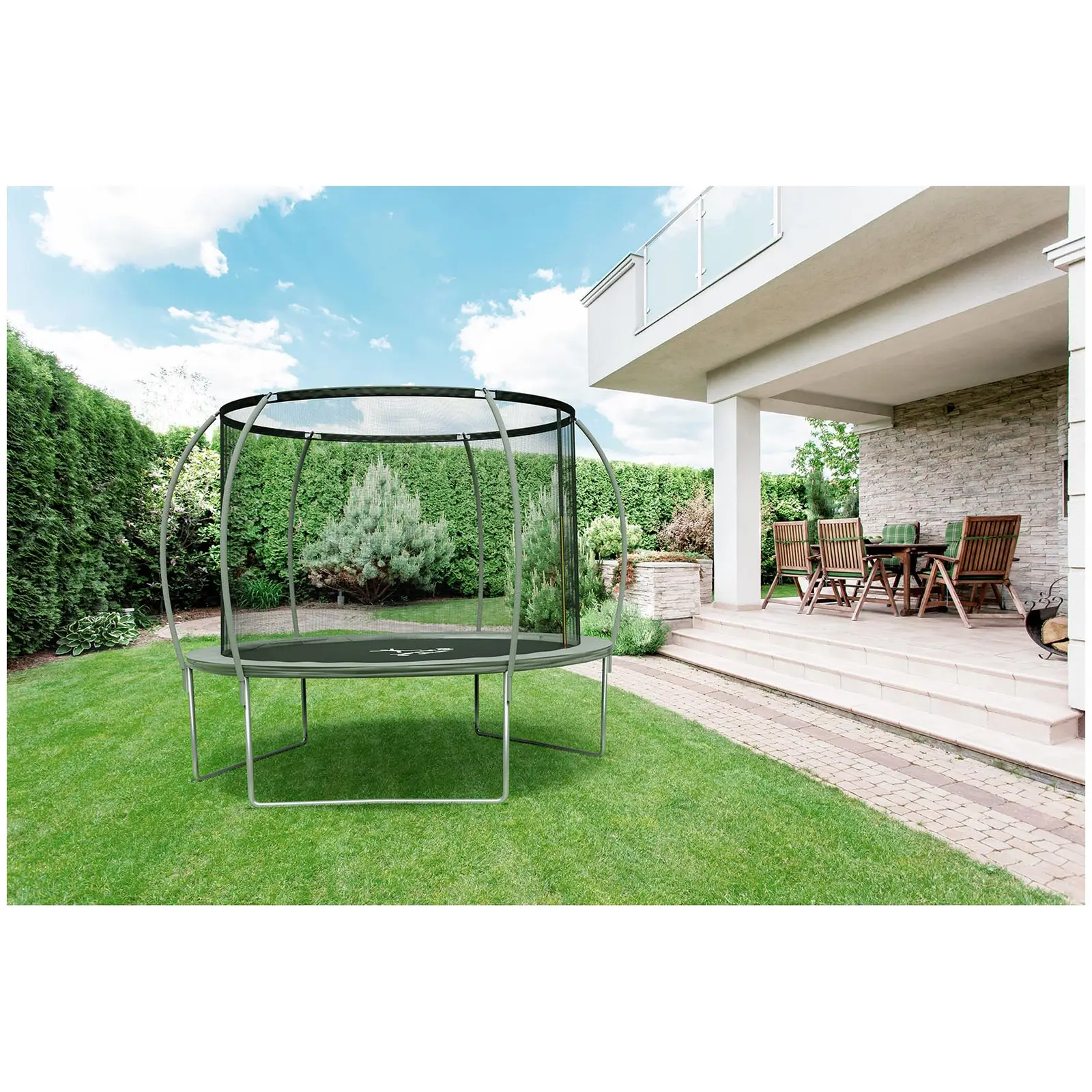 Záhradní trampolína – Ø 305 x 180 cm – 100 kg – síťovina – černá/šedá (Maximální zatížení: 100 kg)