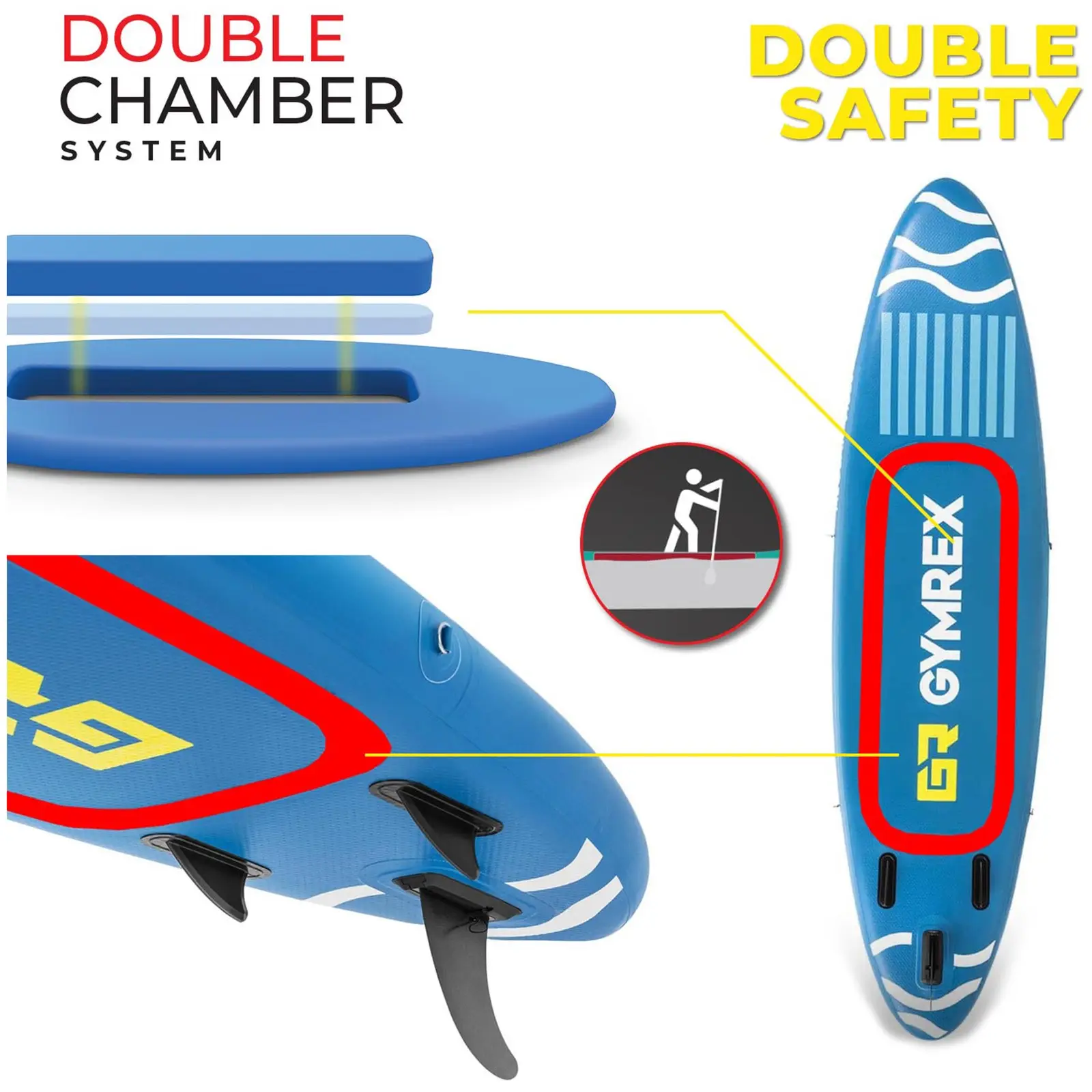 Stand up paddle gonflable - 125 kg - bleu - double chambre - 333 x 82 x 12 cm