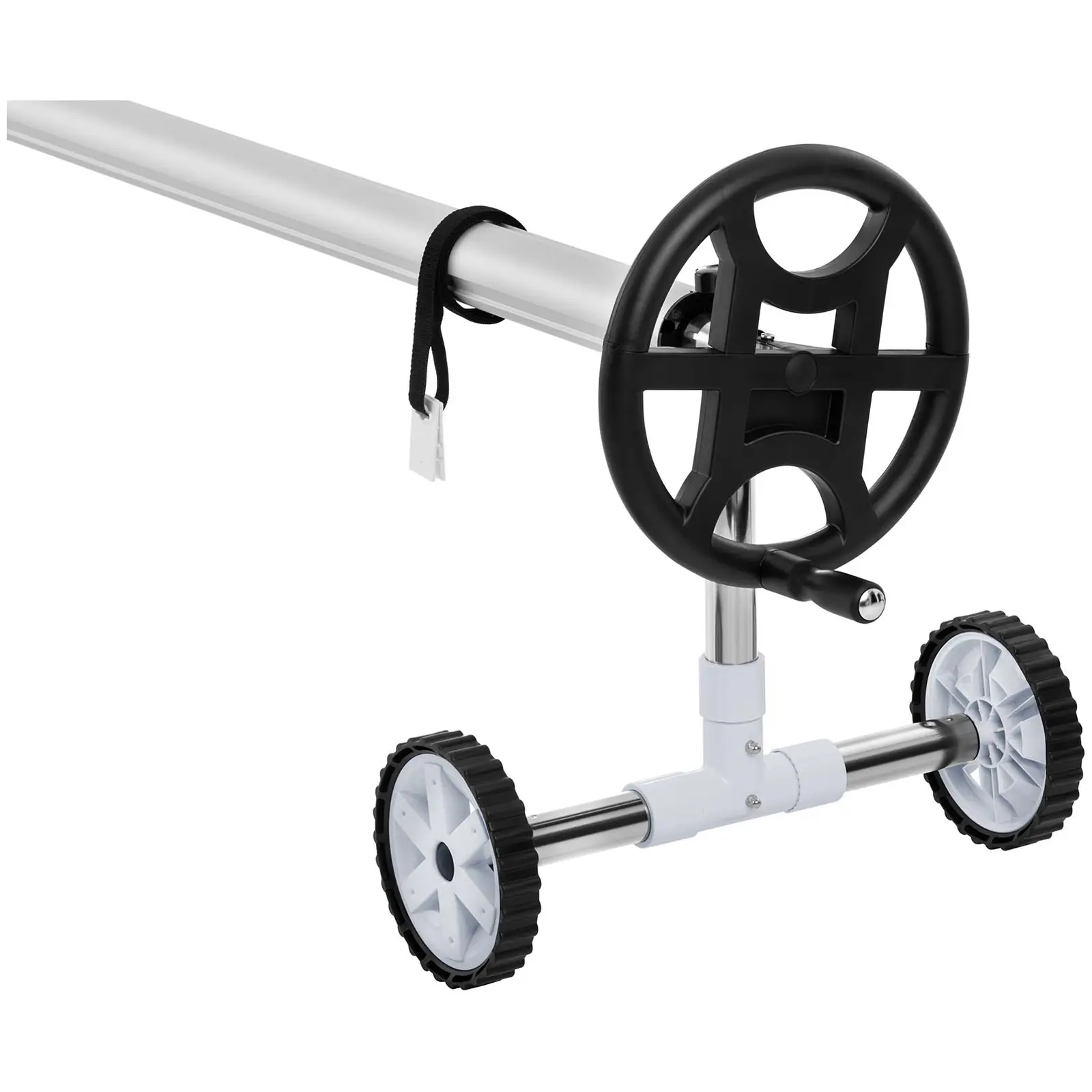 Enrouleur de bâche de piscine - 4,2 à 5,2 m - Avec Roues -En Inox - 8 sangles comprises (Longueur des sangles: 180 cm)