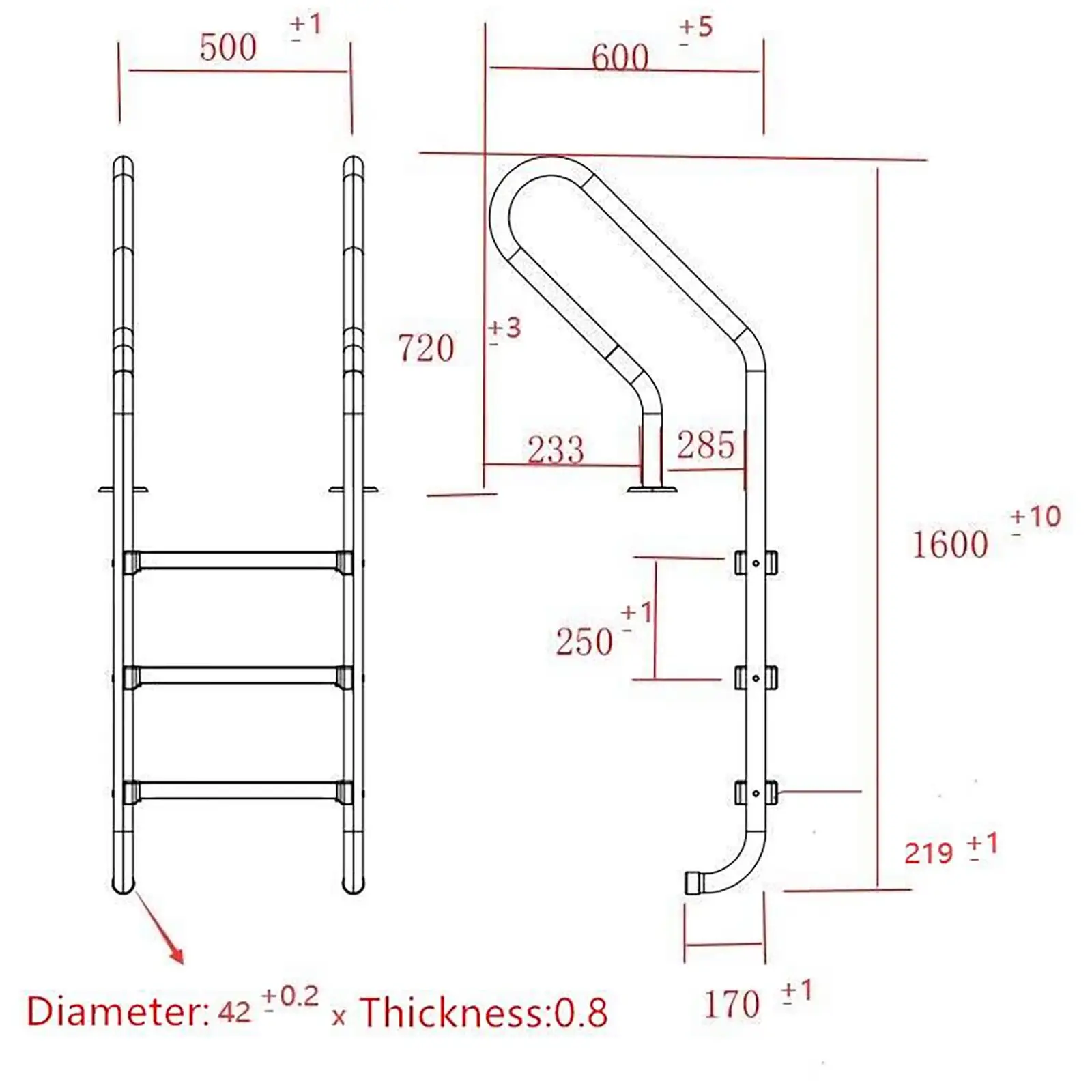 Escada de piscina - 3 degraus - aço inoxidável - 1600 mm